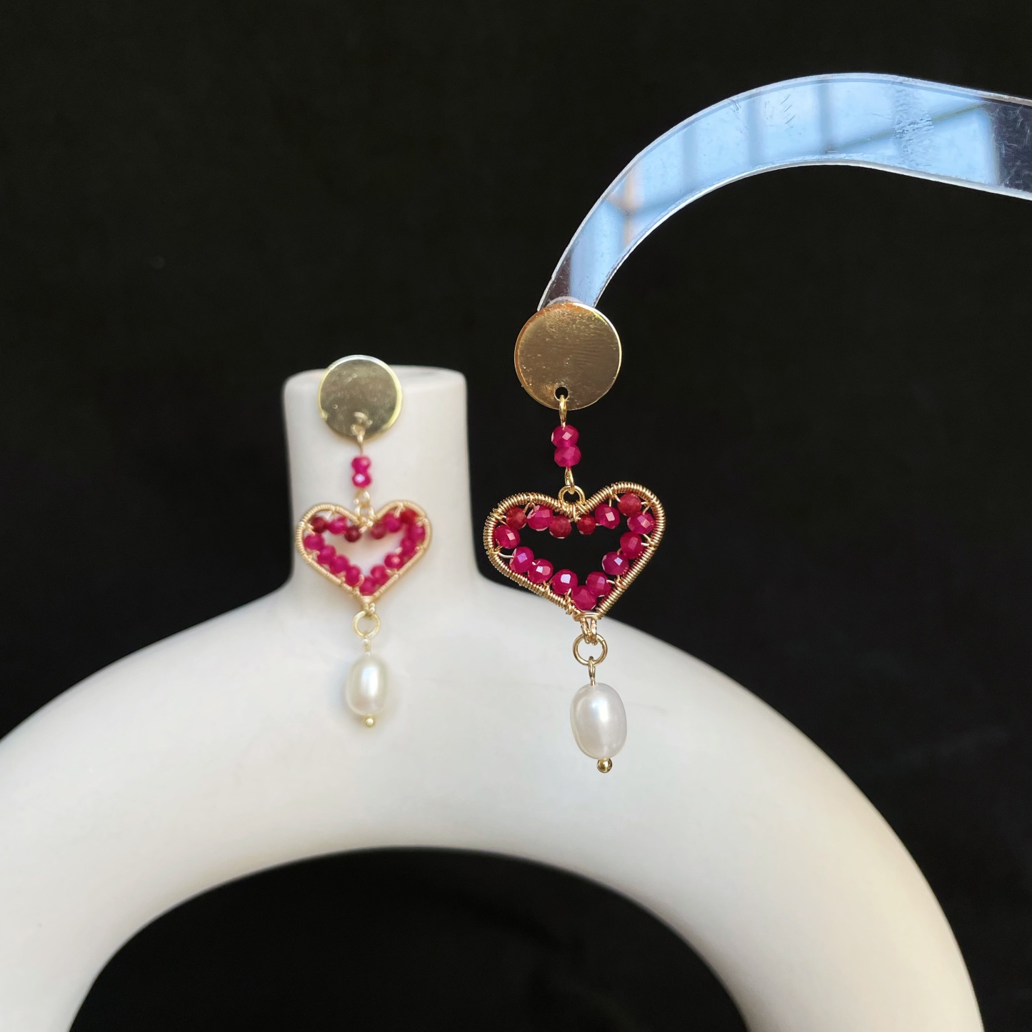Handmade Wire-Wrapped Ruby Heart Earrings with Freshwater Pearl Drop