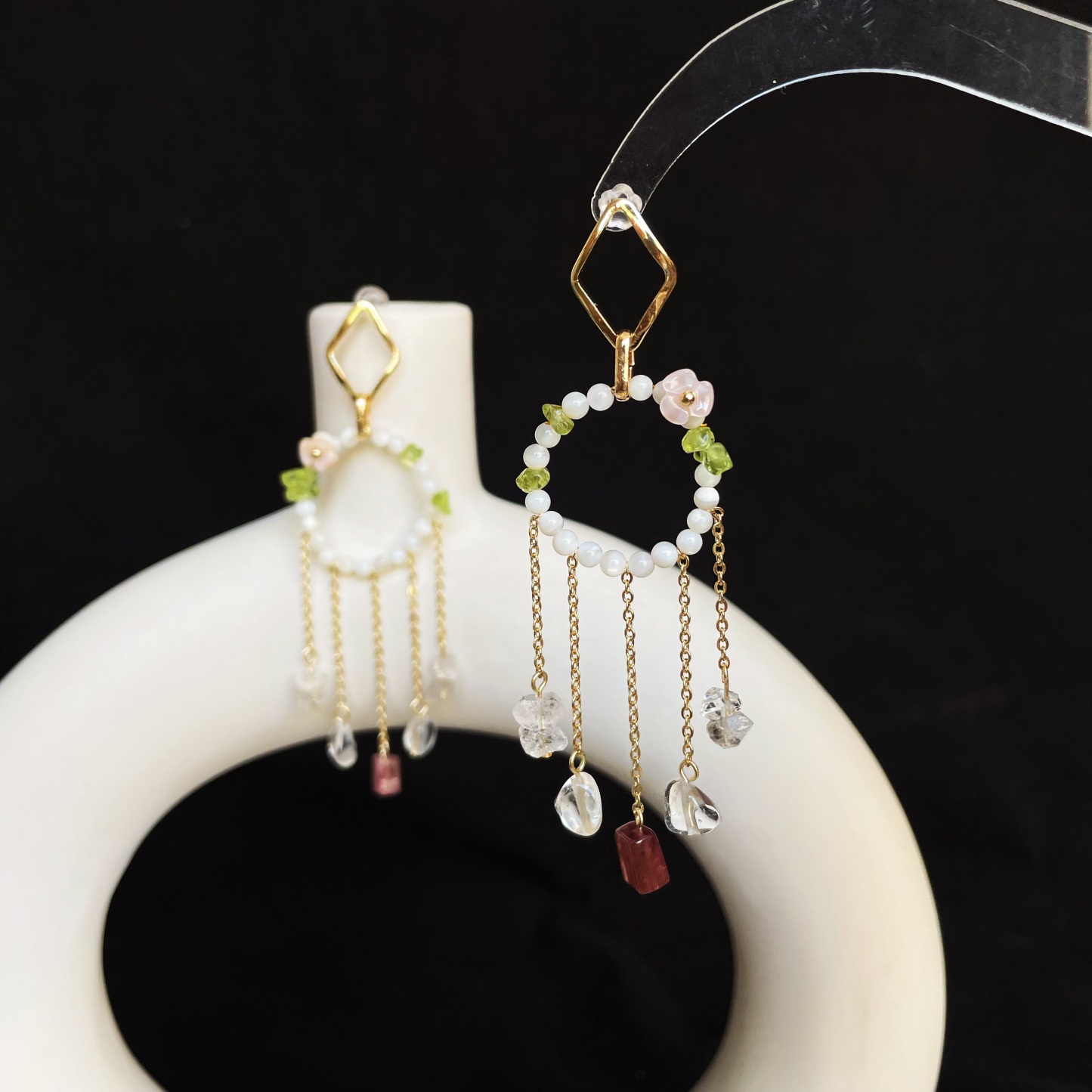 Handmade Dream Mother of Pearl Loop with Peridot Pink Tourmaline and Herkimer Diamond TasselLong Dangle Earrings  