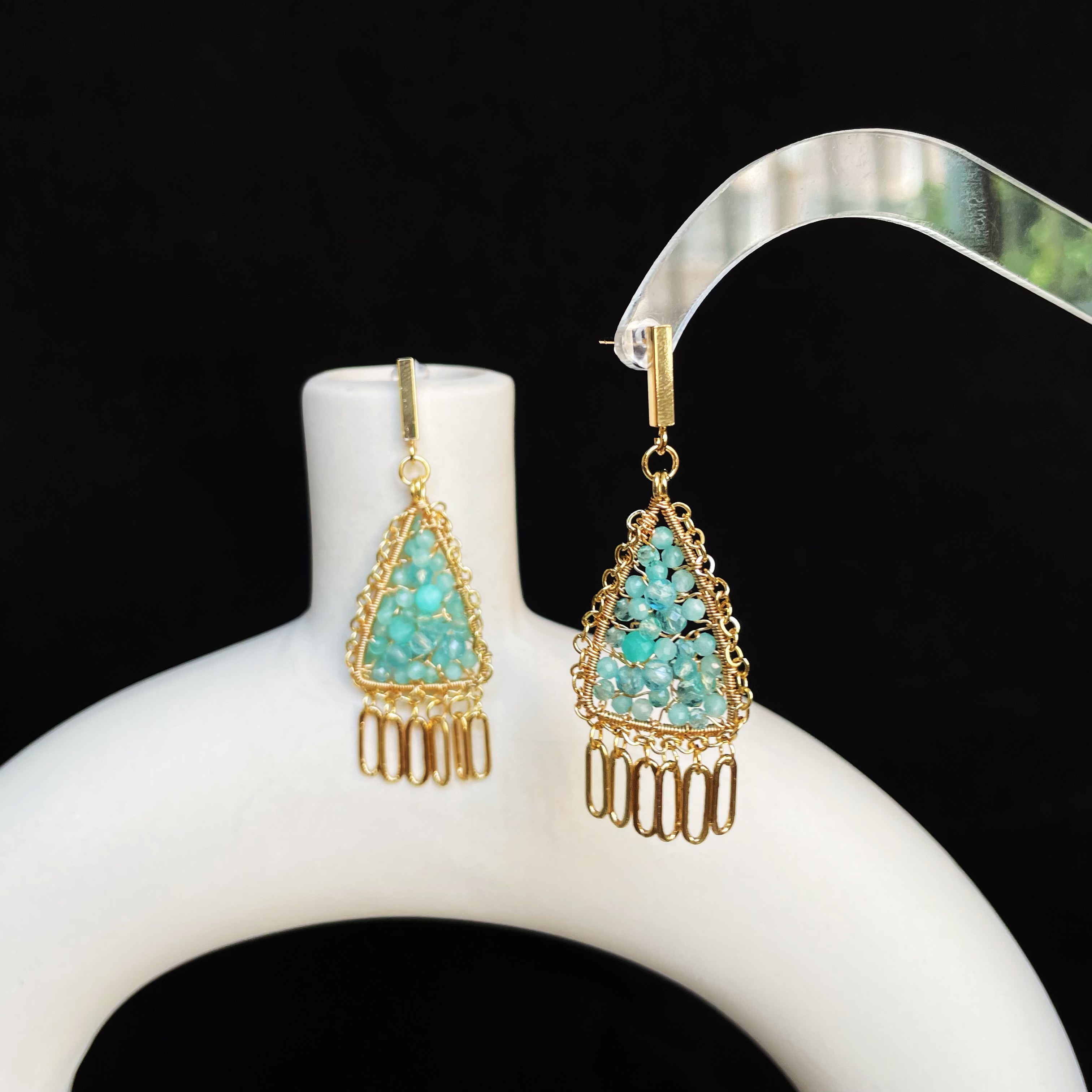 Handmade Boho Triangle Earrings Amazonite and Clear Blue Apatite with Chain Fringe