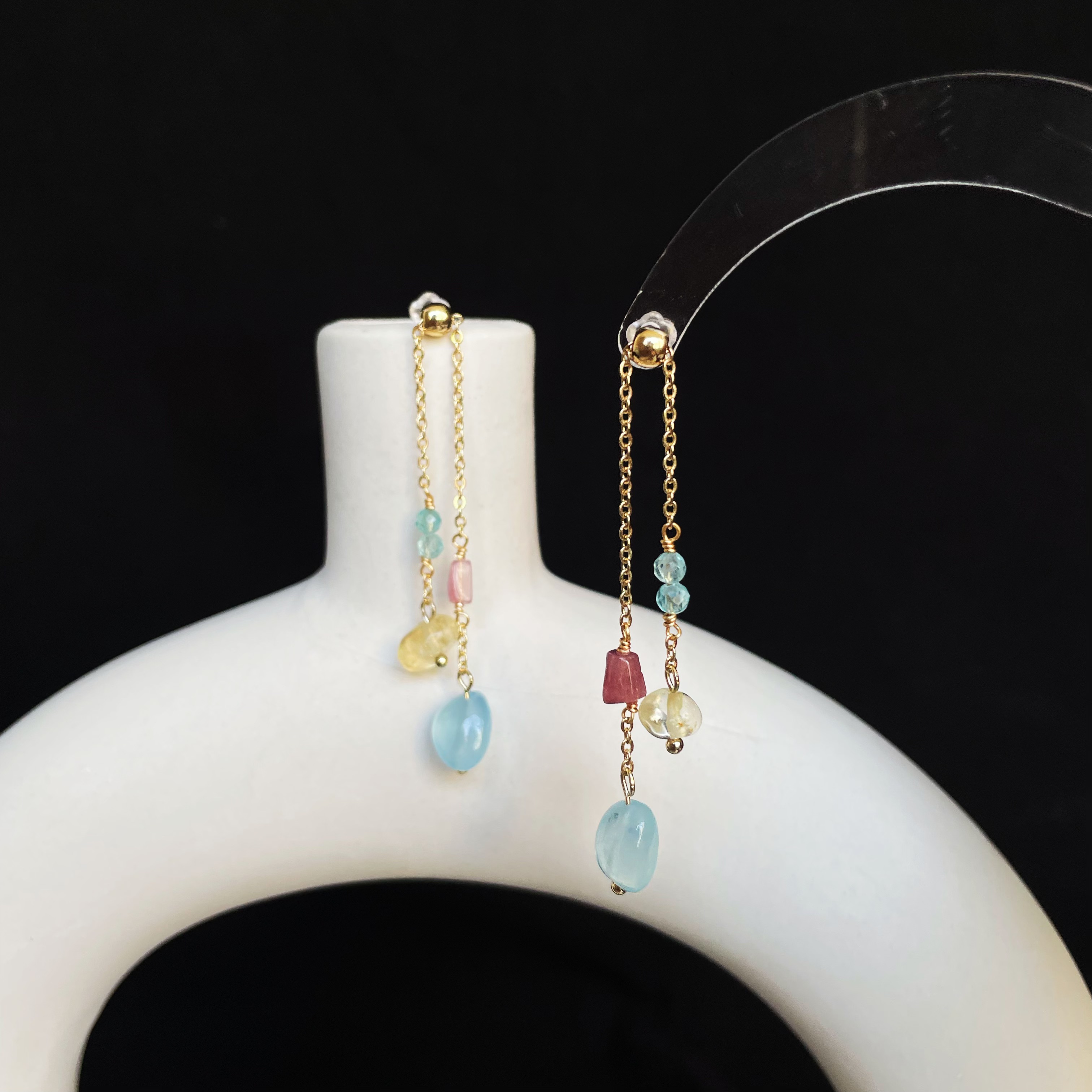 Handmade Adjustable Length Natural Gemstone Drop Earrings Made of Aquamarine Pink Tourmaline Blue Apatite and Citrine