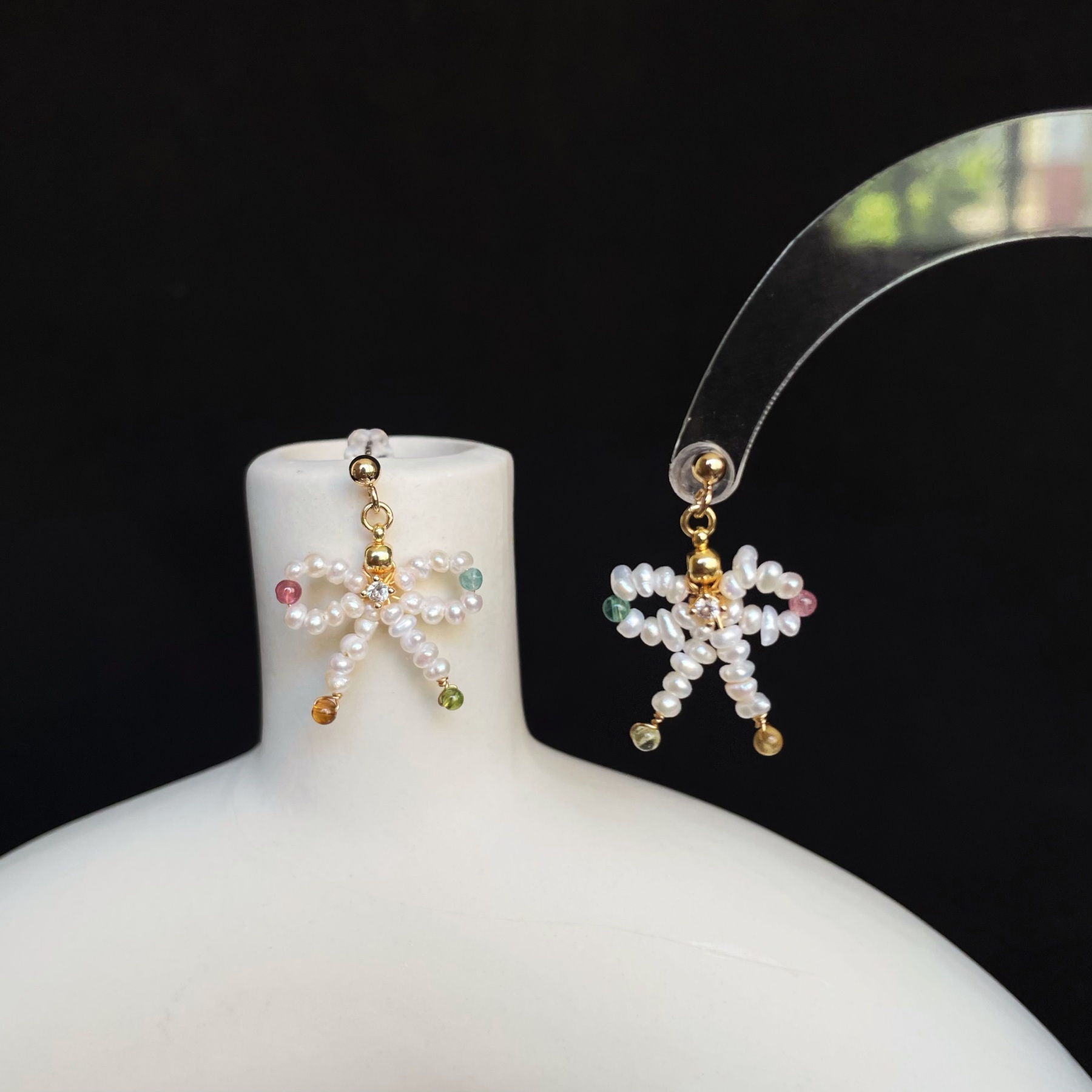 Handmade Dainty Freshwater Pearls and Pastel Tourmaline Bow Earrings Cute Earrings