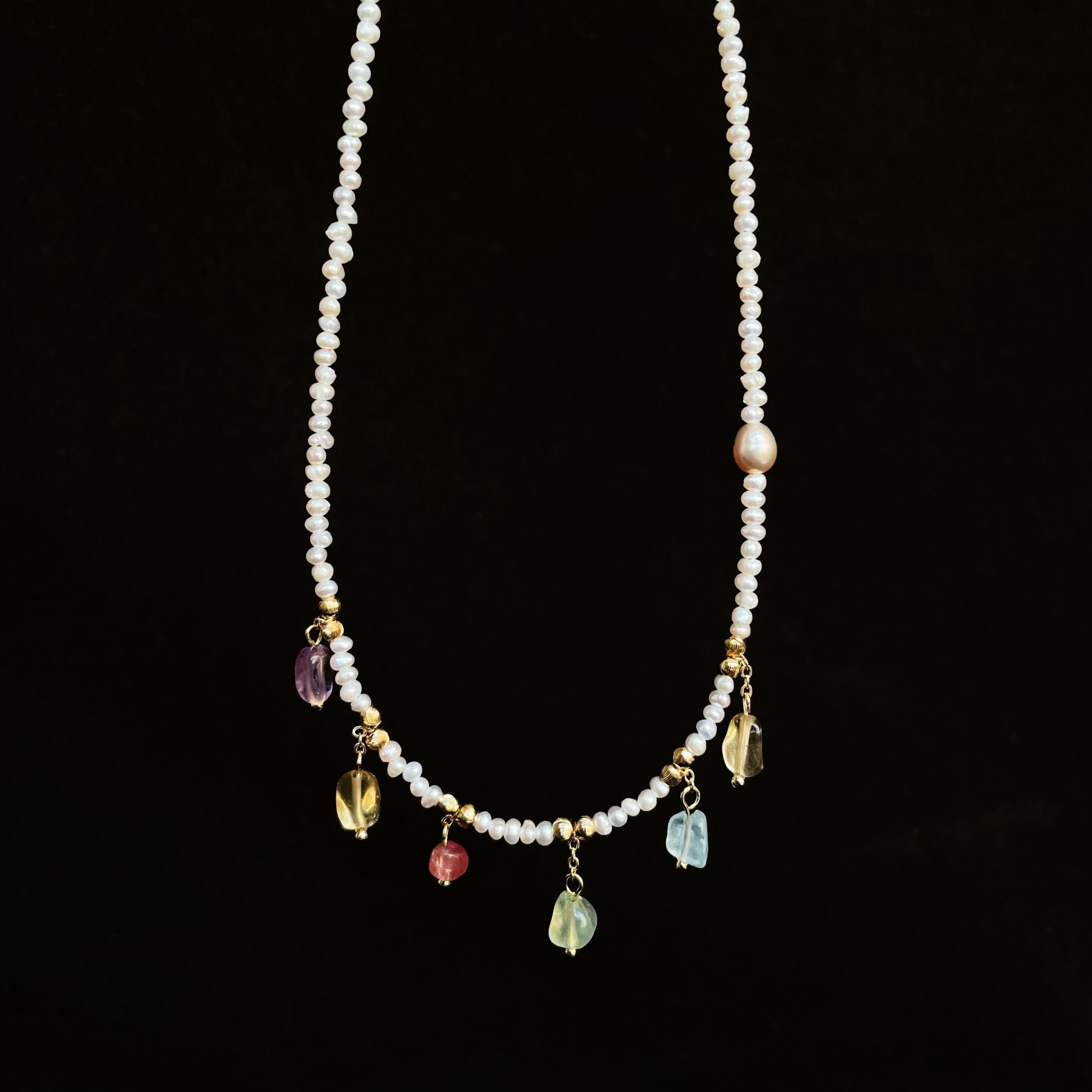 Handmade Mini Freshwater Pearl Short Necklace Choker with Pastel Gemstone Charms Dainty and Sweet 