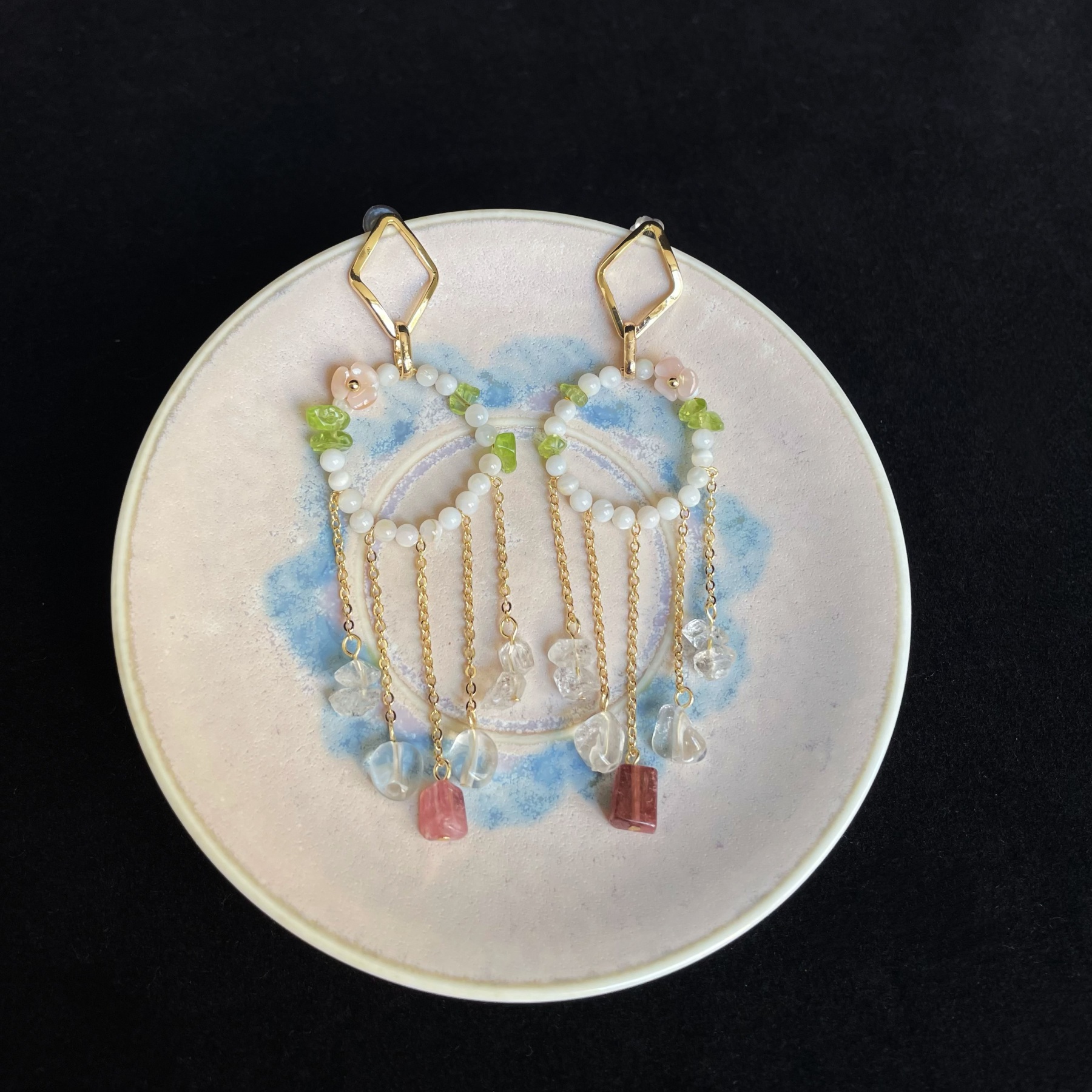 Handmade Dream Mother of Pearl Loop with Peridot Pink Tourmaline and Herkimer Diamond TasselLong Dangle Earrings  