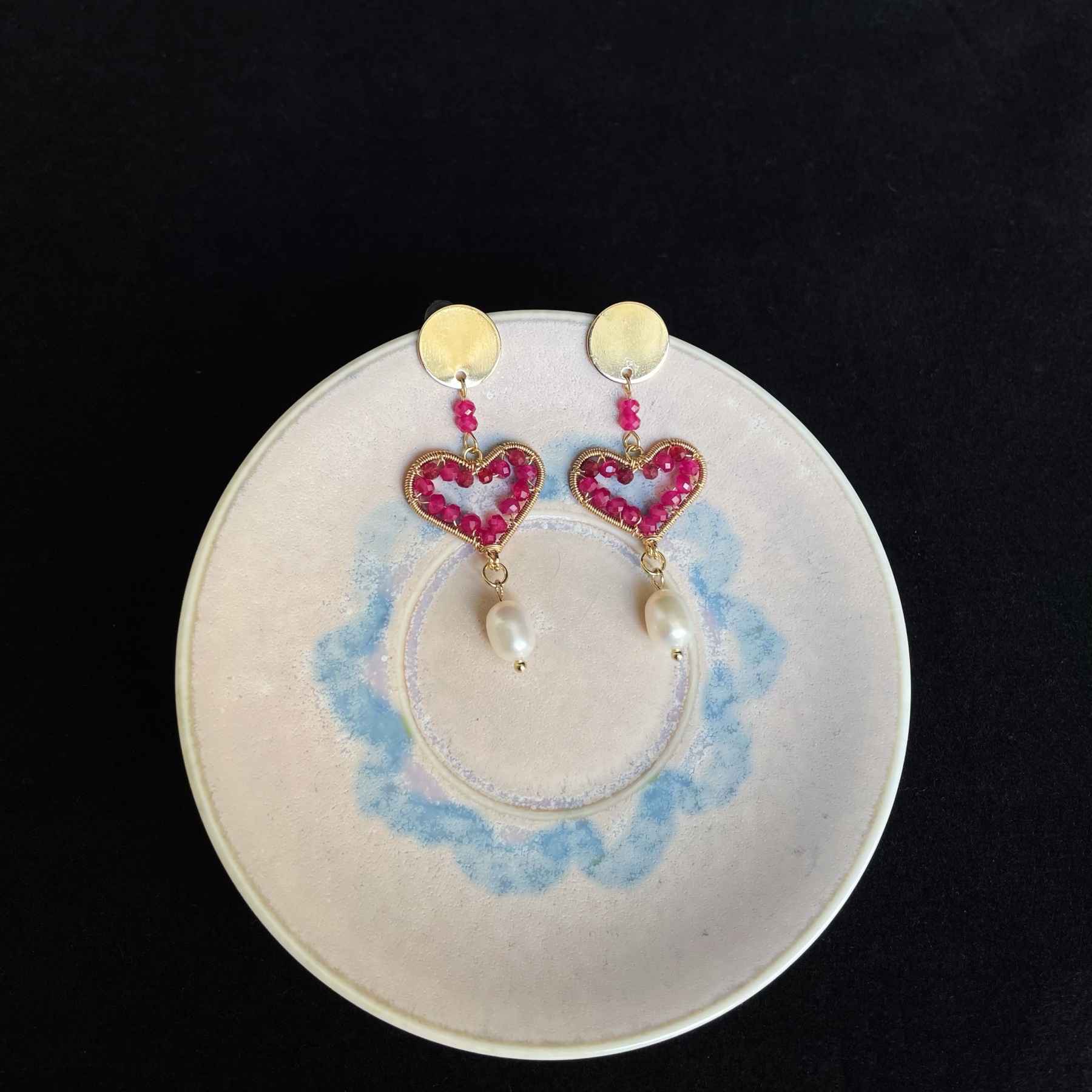 Handmade Wire-Wrapped Ruby Heart Earrings with Freshwater Pearl Drop