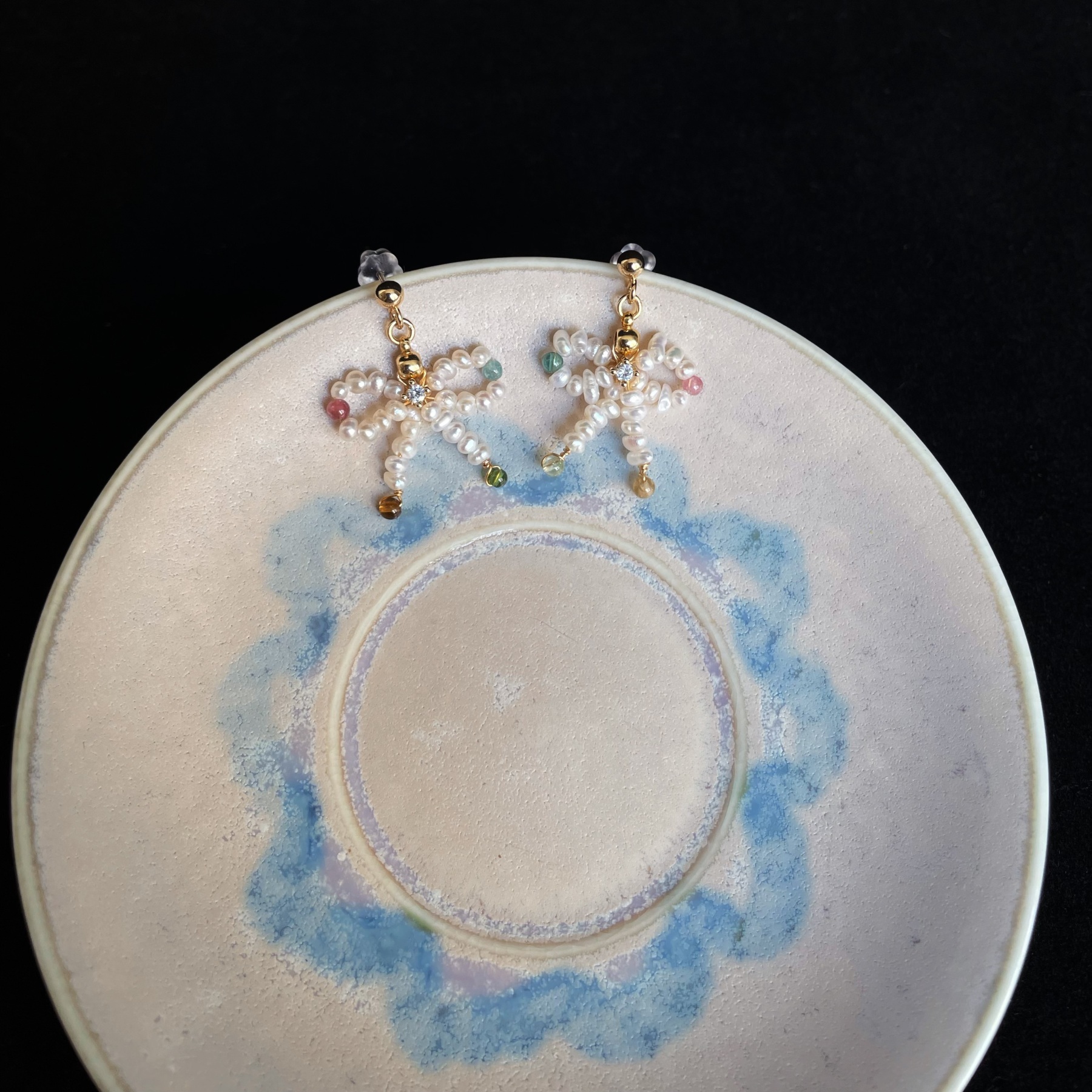 Handmade Dainty Freshwater Pearls and Pastel Tourmaline Bow Earrings Cute Earrings