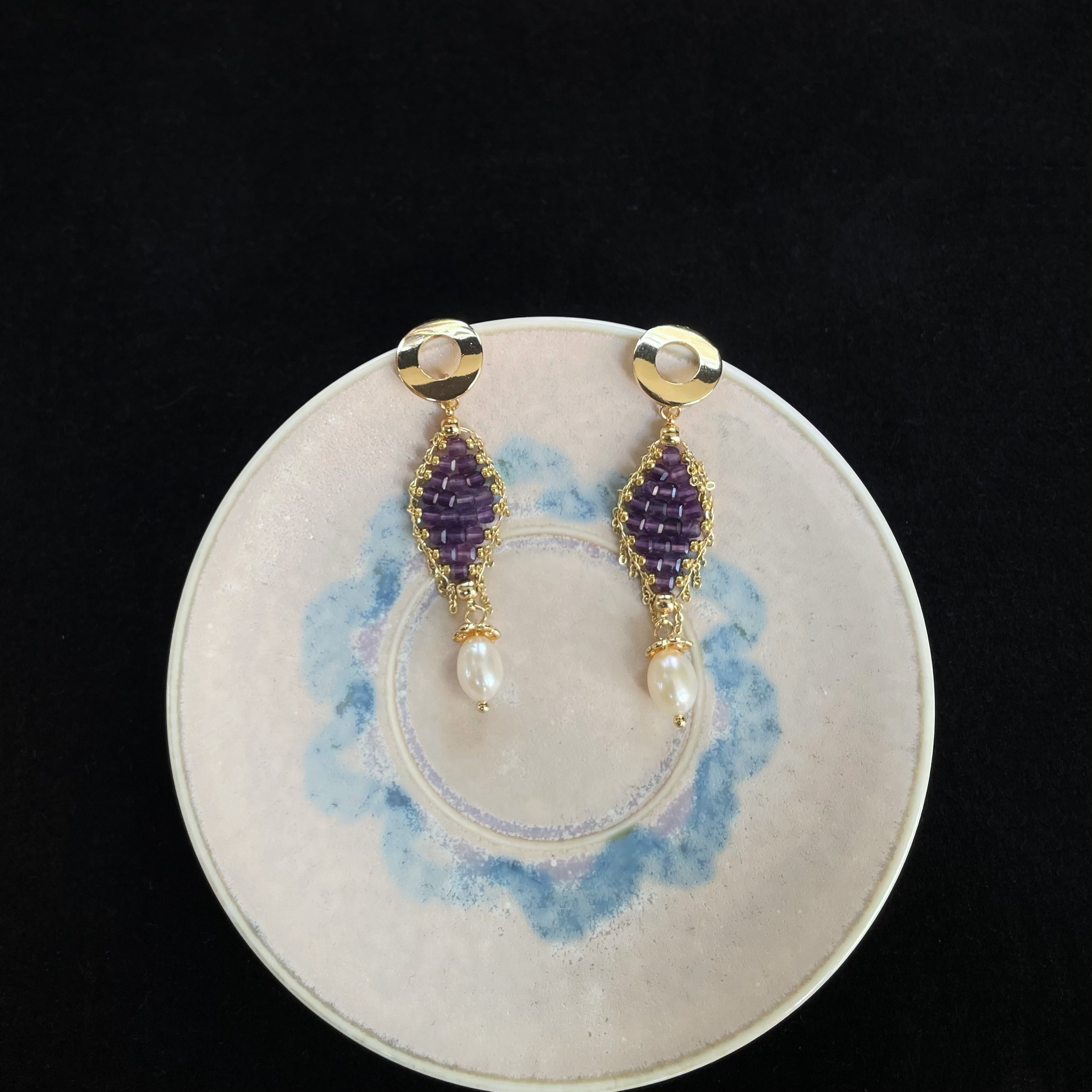 Handmade Amethyst Woven Diamond Shapeds with Freshwater Pearl Drop Earrings