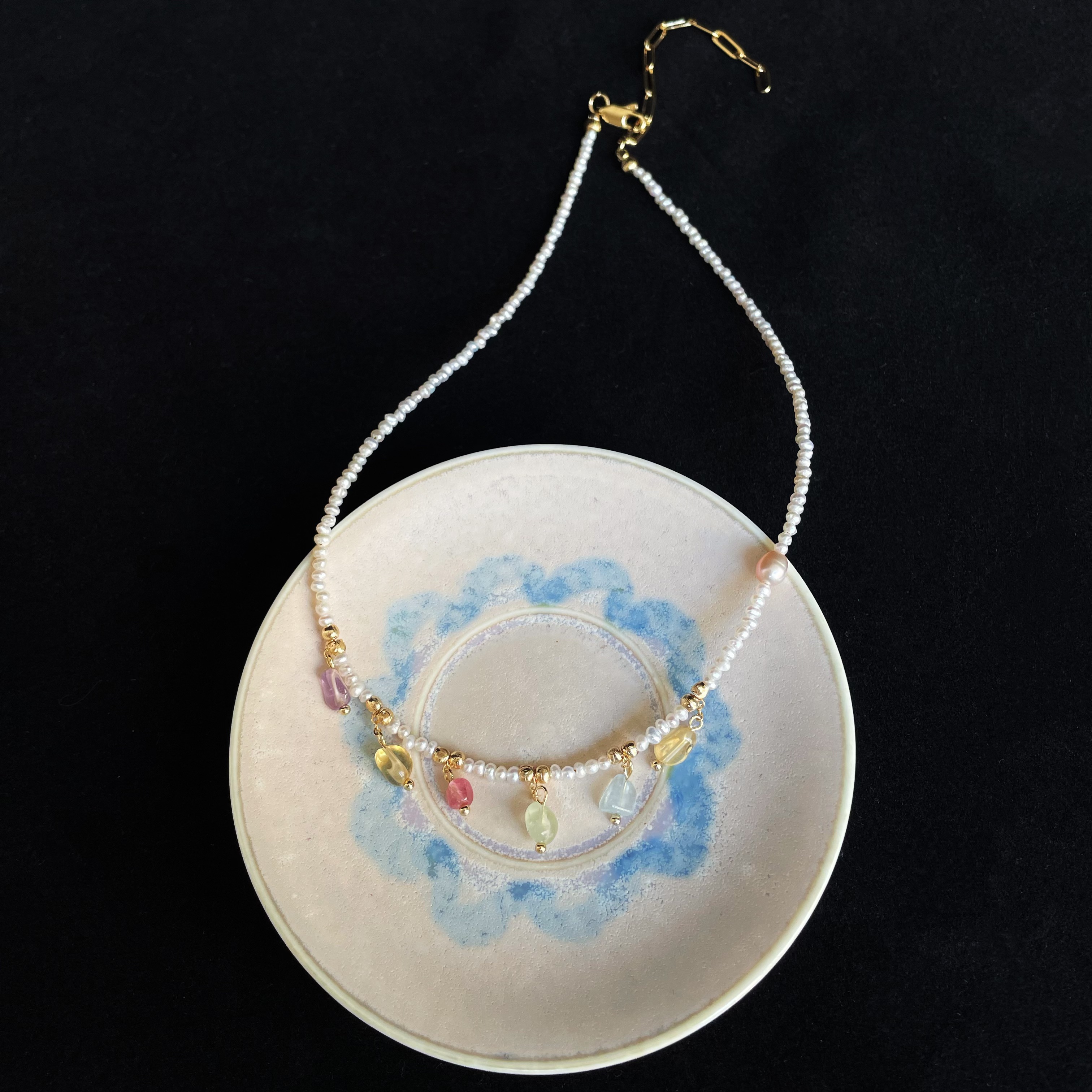 Handmade Mini Freshwater Pearl Short Necklace Choker with Pastel Gemstone Charms Dainty and Sweet 