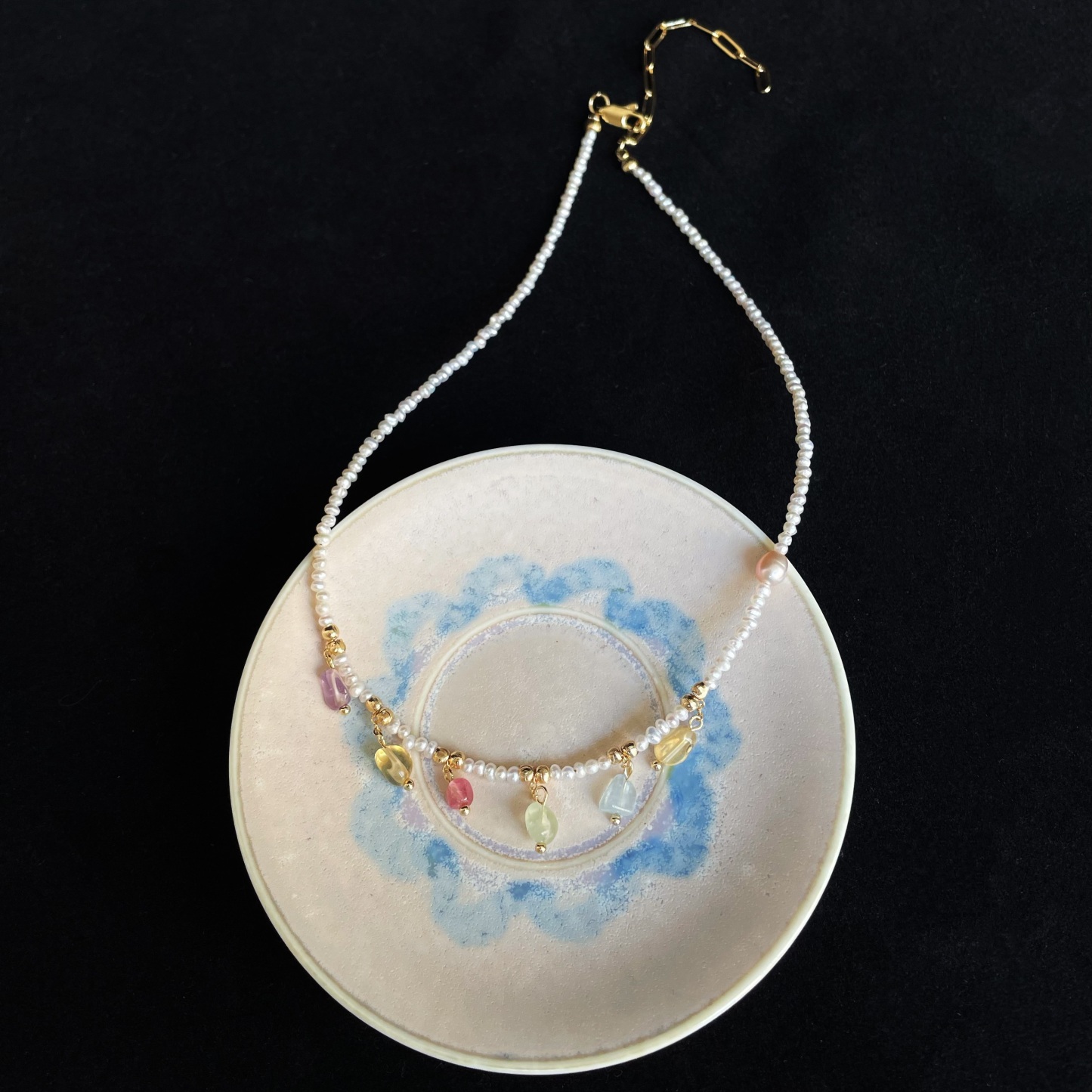 Handmade Mini Freshwater Pearl Short Necklace Choker with Pastel Gemstone Charms Dainty and Sweet 