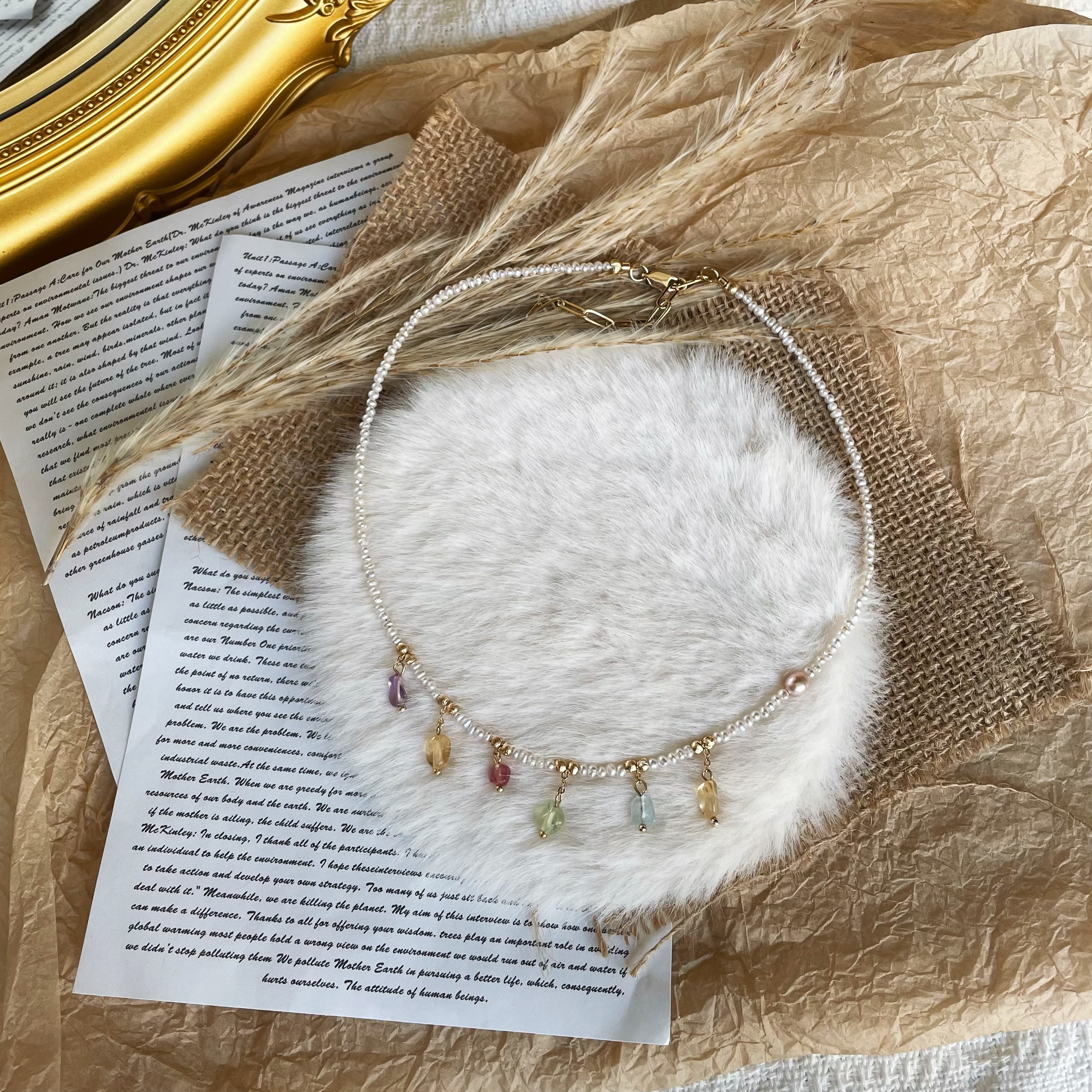 Handmade Mini Freshwater Pearl Short Necklace Choker with Pastel Gemstone Charms Dainty and Sweet 