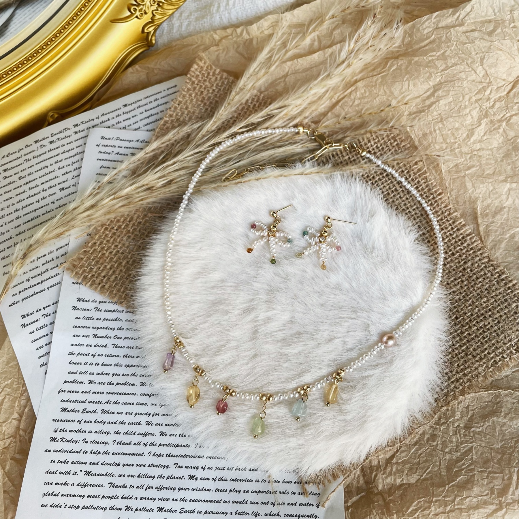 Handmade Mini Freshwater Pearl Short Necklace Choker with Pastel Gemstone Charms Dainty and Sweet 