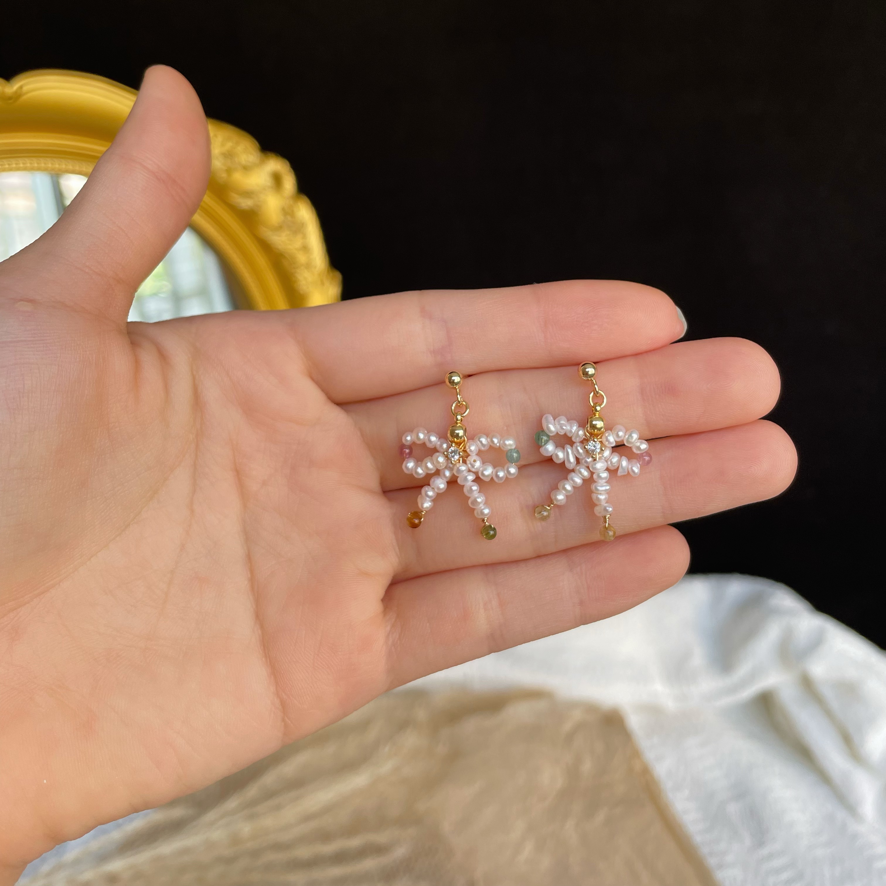 Handmade Dainty Freshwater Pearls and Pastel Tourmaline Bow Earrings Cute Earrings