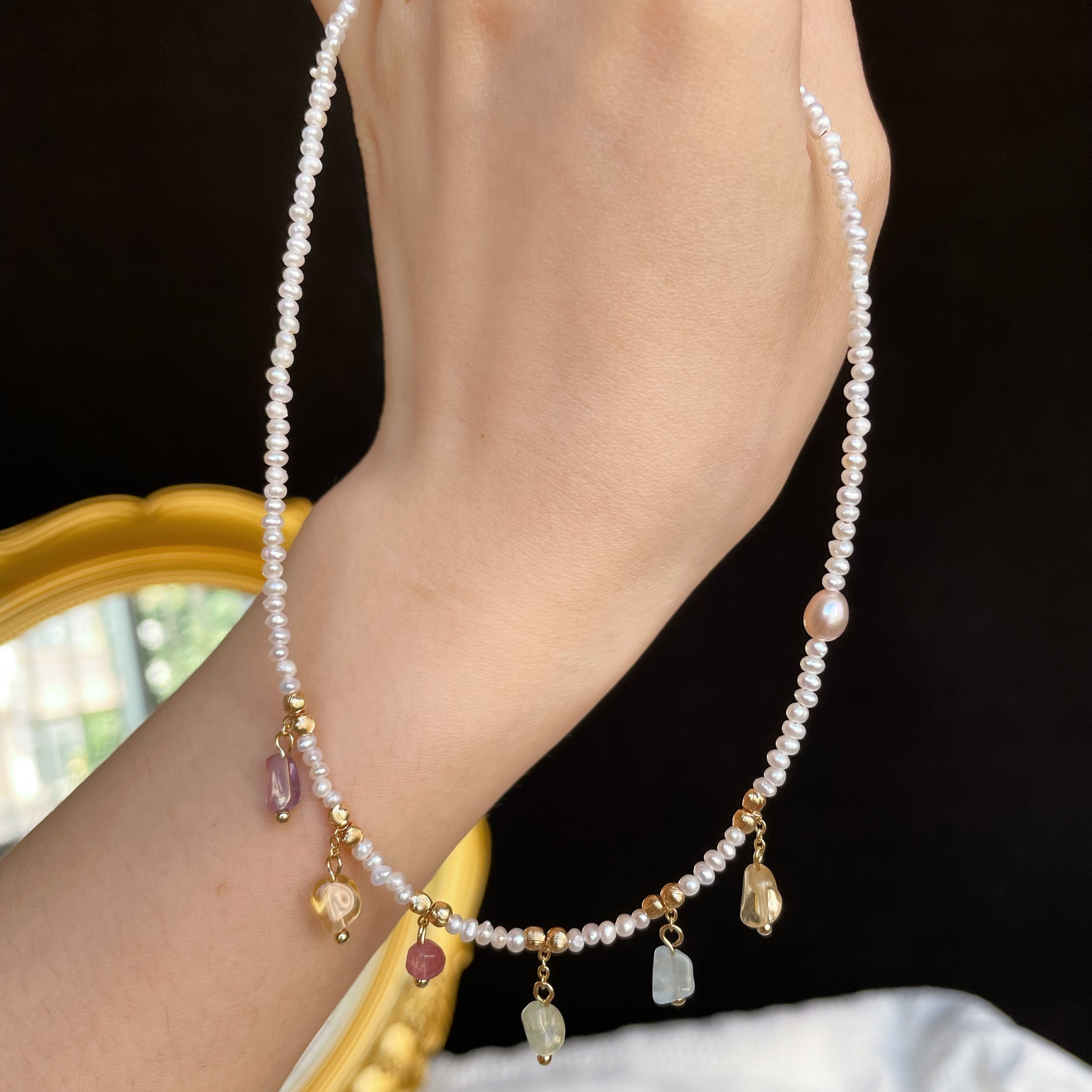 Handmade Mini Freshwater Pearl Short Necklace Choker with Pastel Gemstone Charms Dainty and Sweet 