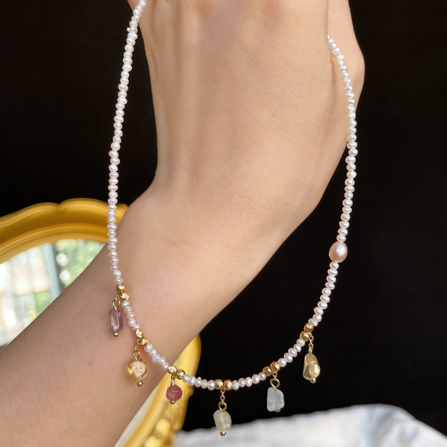 Handmade Mini Freshwater Pearl Short Necklace Choker with Pastel Gemstone Charms Dainty and Sweet 