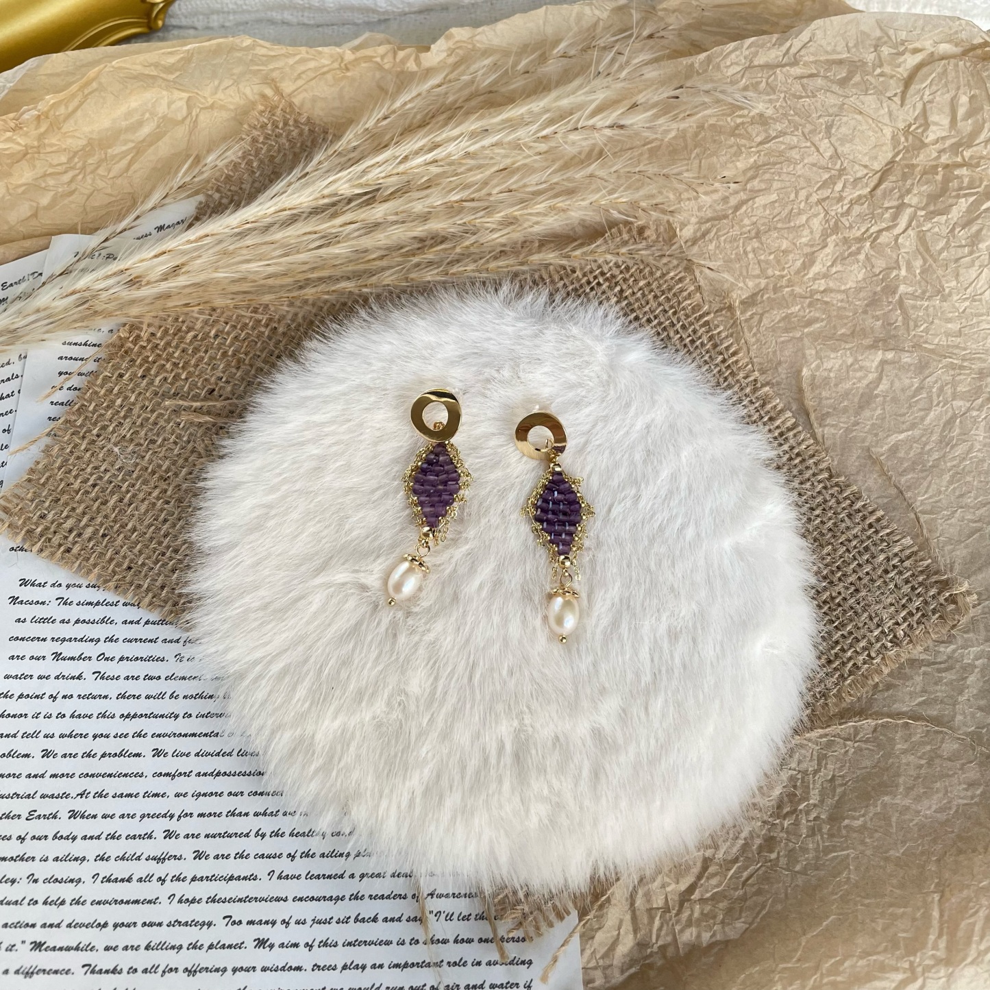 Handmade Amethyst Woven Diamond Shapeds with Freshwater Pearl Drop Earrings