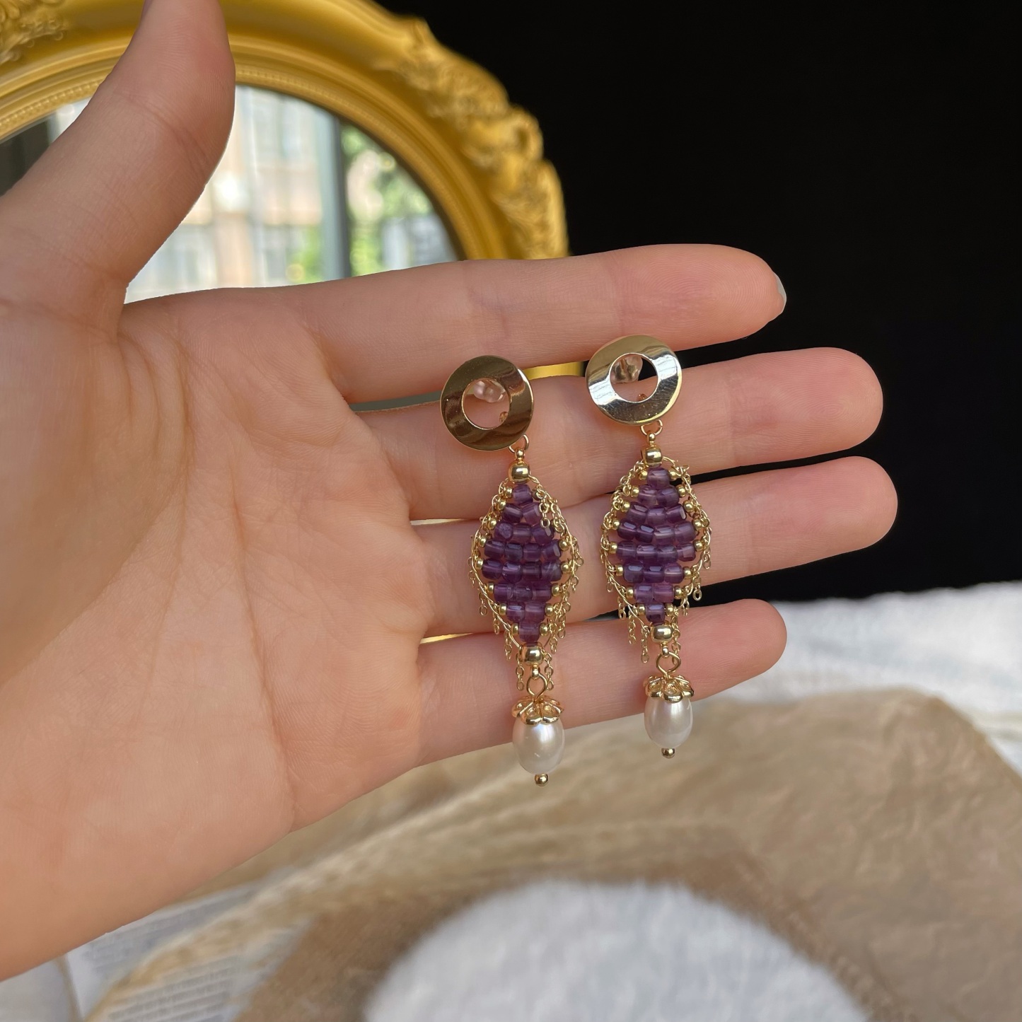 Handmade Amethyst Woven Diamond Shapeds with Freshwater Pearl Drop Earrings