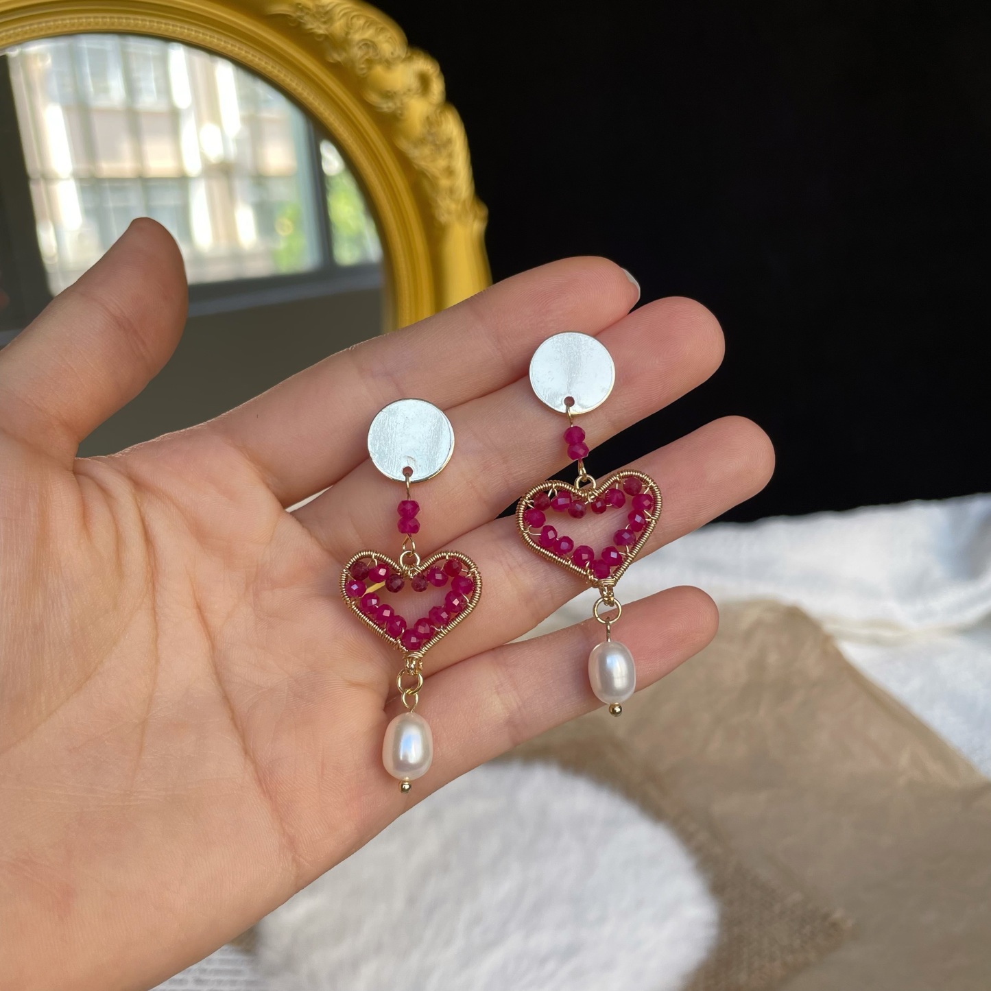 Handmade Wire-Wrapped Ruby Heart Earrings with Freshwater Pearl Drop