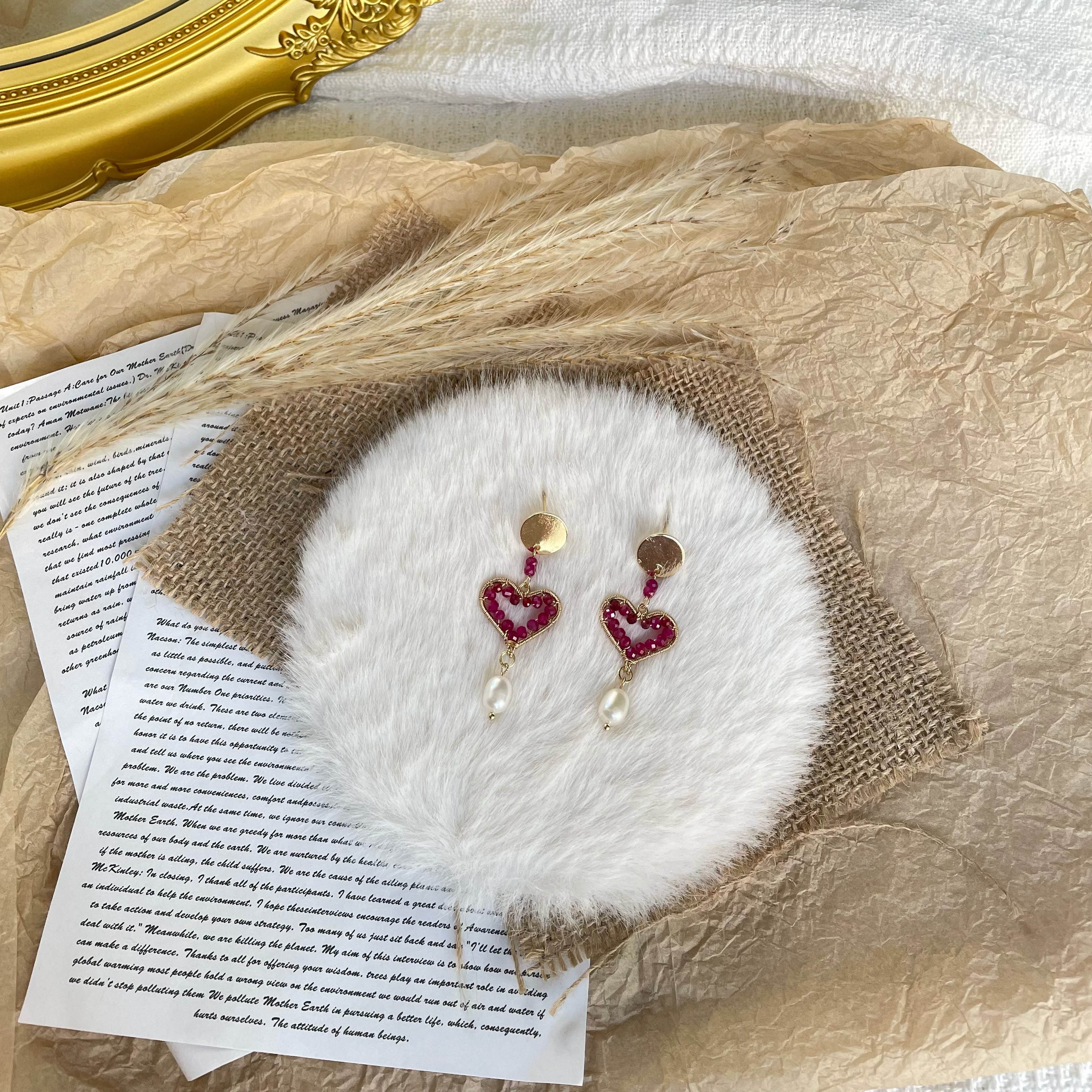 Handmade Wire-Wrapped Ruby Heart Earrings with Freshwater Pearl Drop