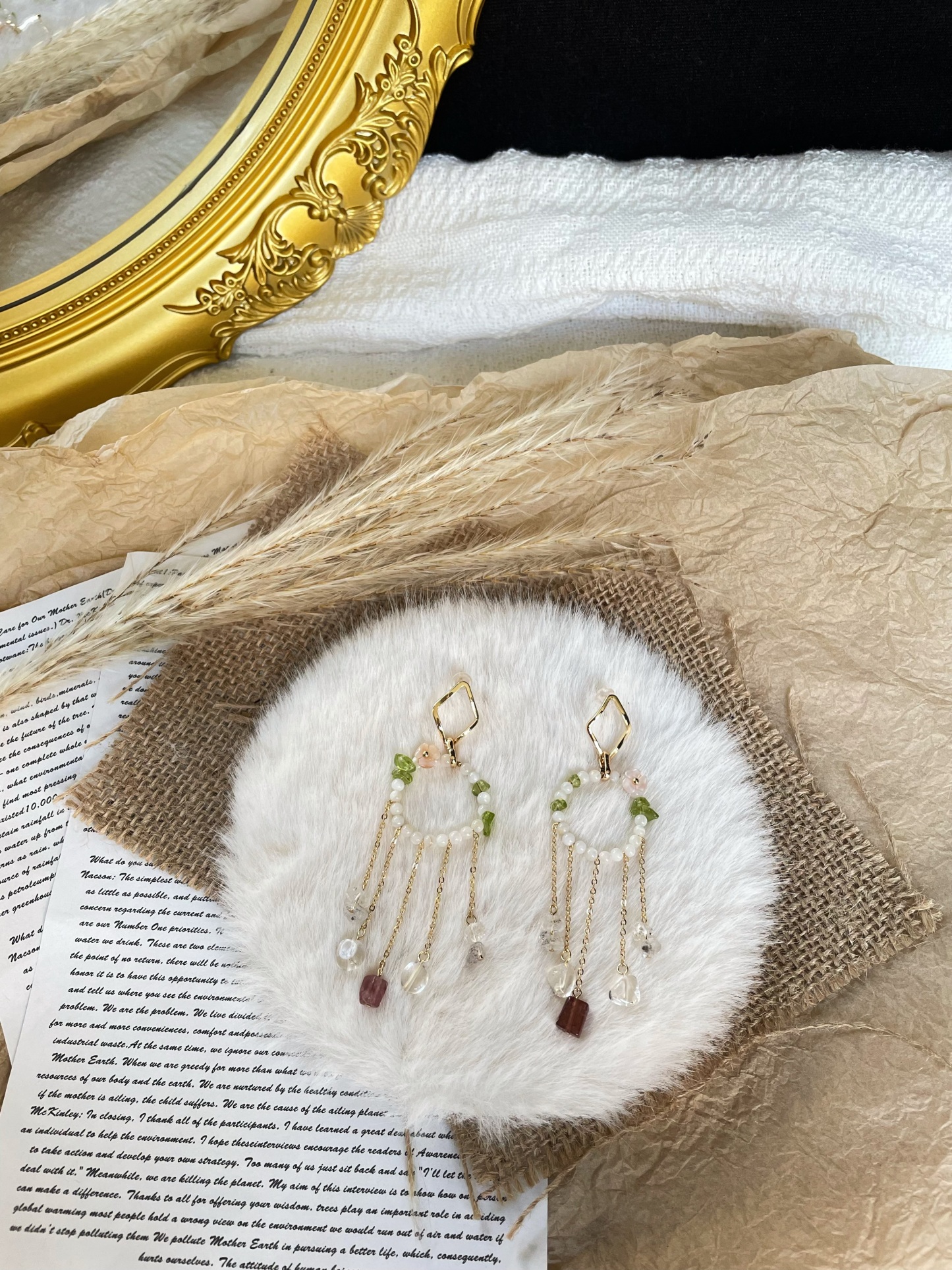 Handmade Dream Mother of Pearl Loop with Peridot Pink Tourmaline and Herkimer Diamond TasselLong Dangle Earrings  