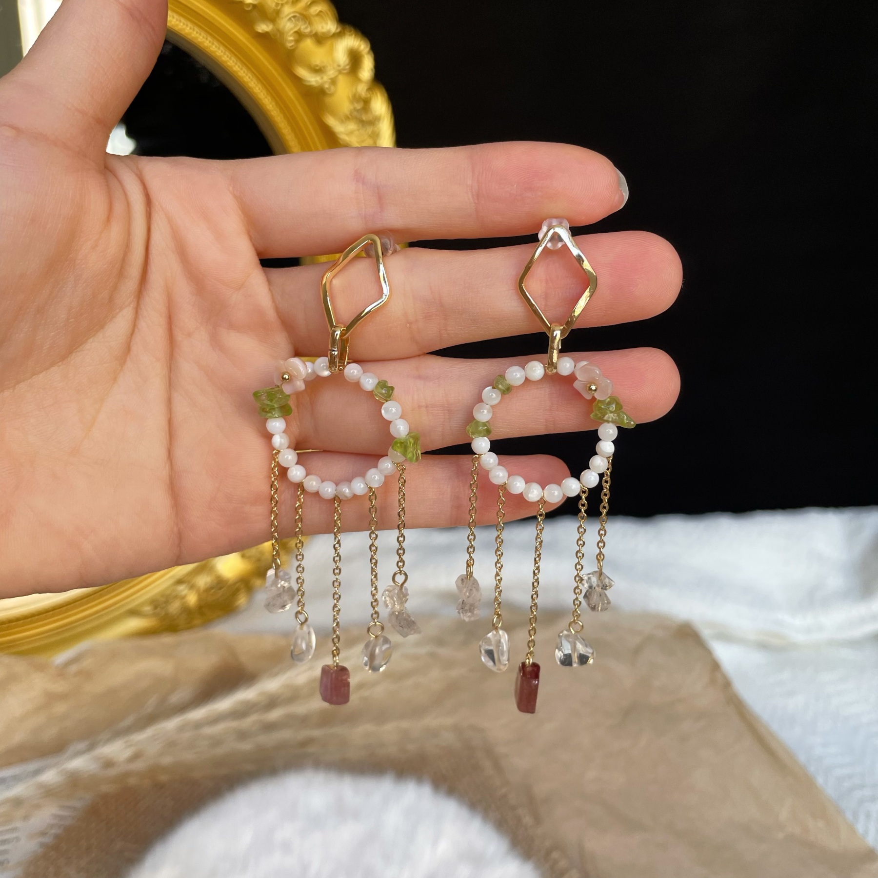 Handmade Dream Mother of Pearl Loop with Peridot Pink Tourmaline and Herkimer Diamond TasselLong Dangle Earrings  