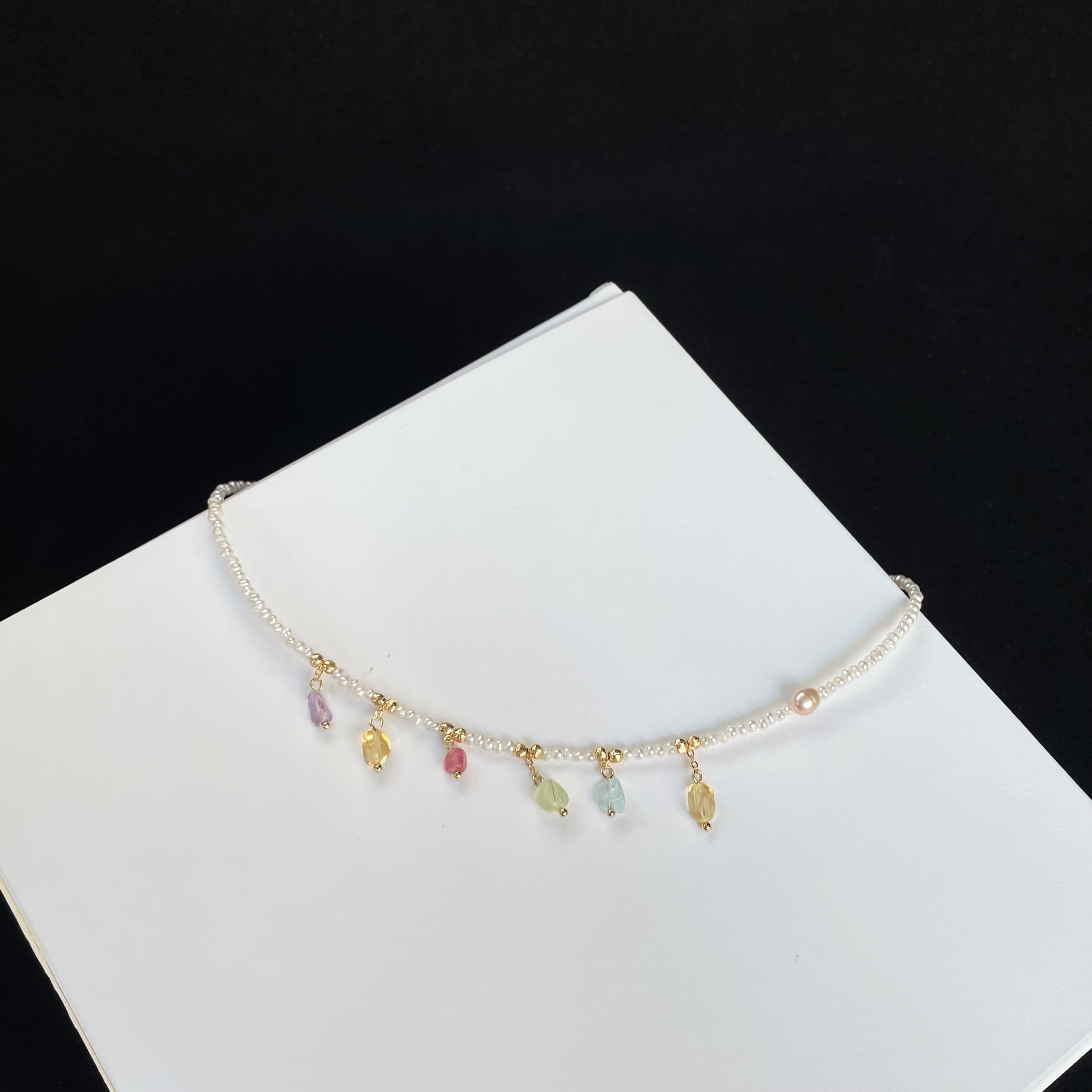 Handmade Mini Freshwater Pearl Short Necklace Choker with Pastel Gemstone Charms Dainty and Sweet 
