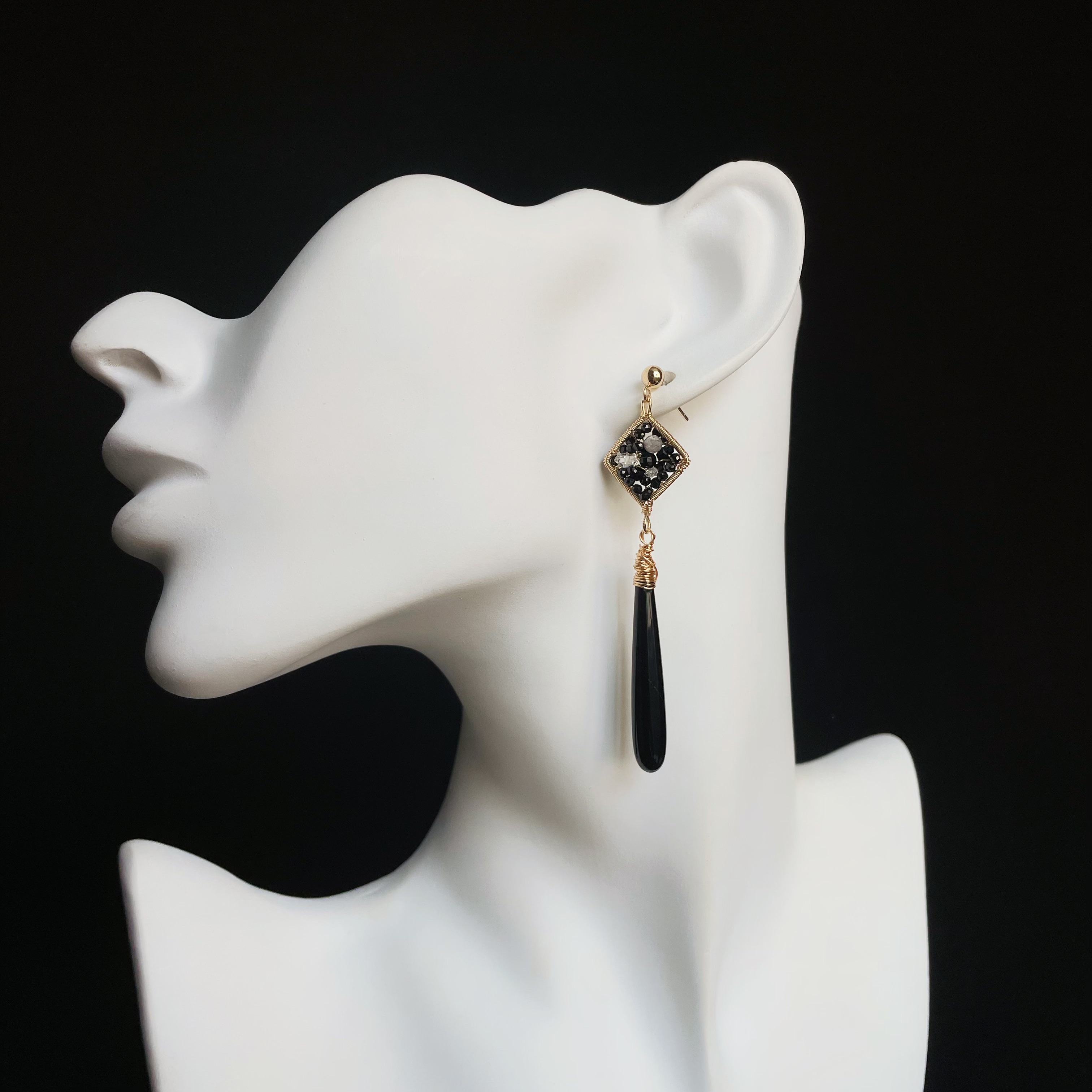 Handmade Wire Wrapped Black Spinel Labradorite and Herkimer Diamond with Black Onyx Drop Earrings 