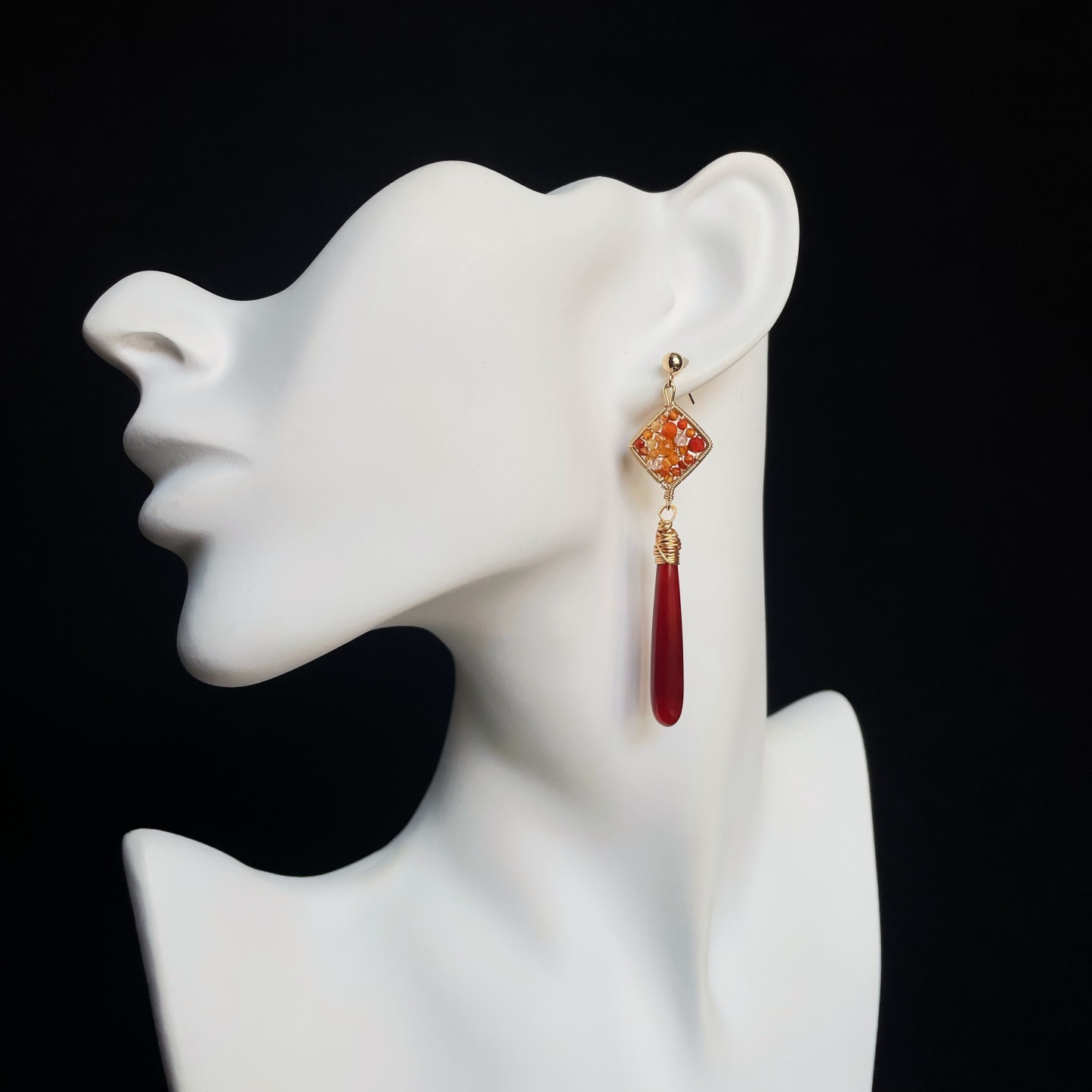 Handmade Wire Wrapped Agate and Herkimer Diamond with Red Agate Drop Earrings 