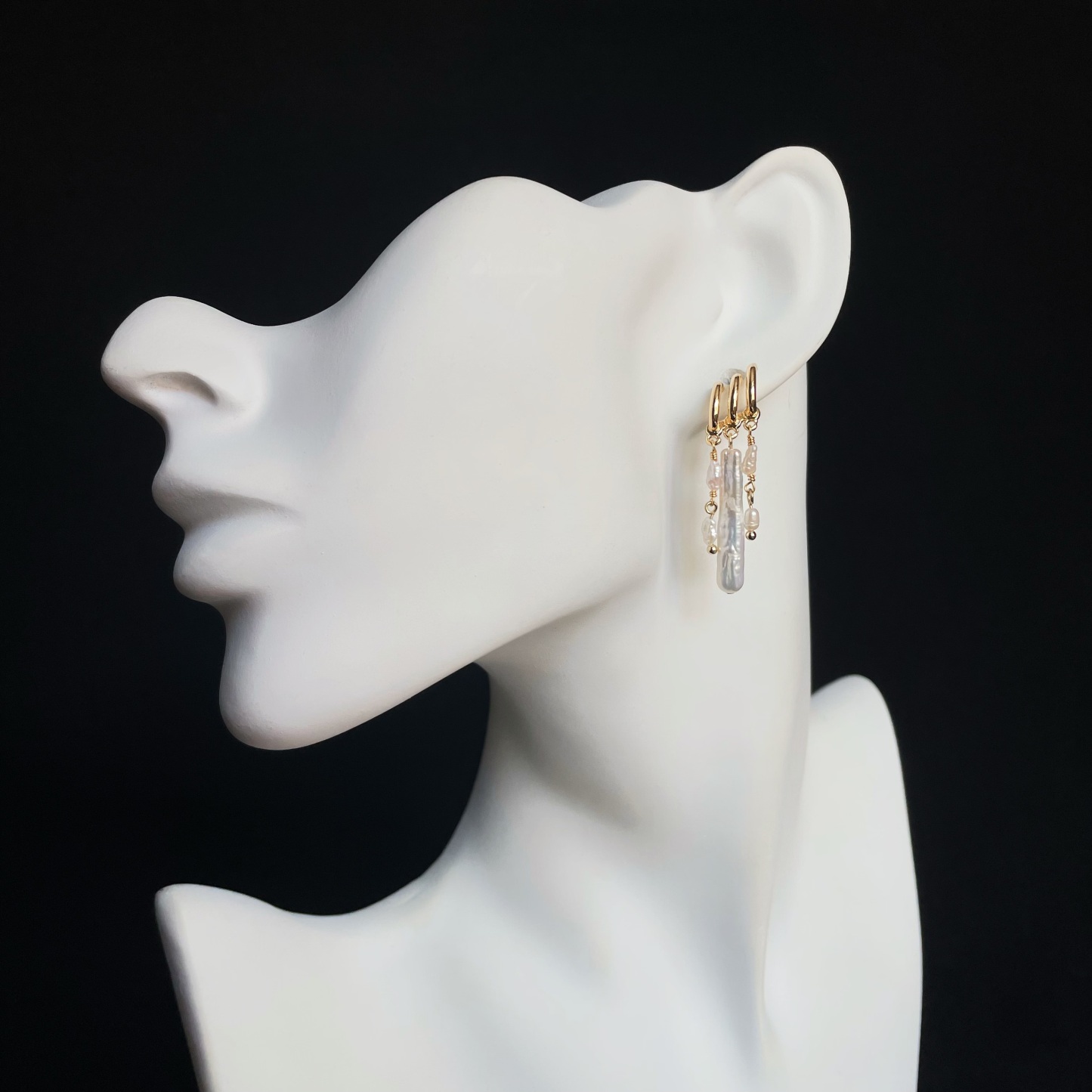 Handmade Gold Huggie Hoops with Baroque Pearls and Keshi Pearls Drop Earrings 