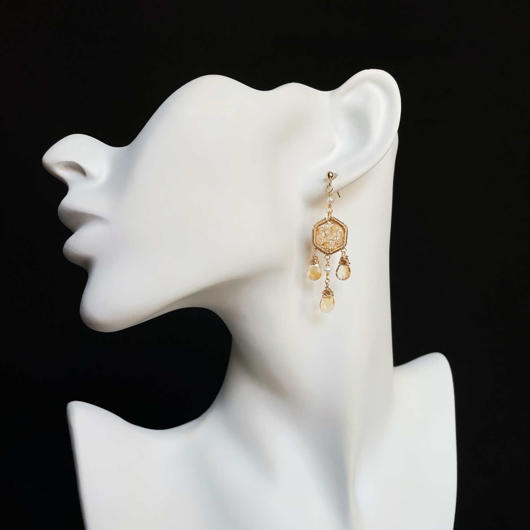 Handmade wire wrapped Citrine Dreamcatcher Earrings with Teardrop Gem Dangles