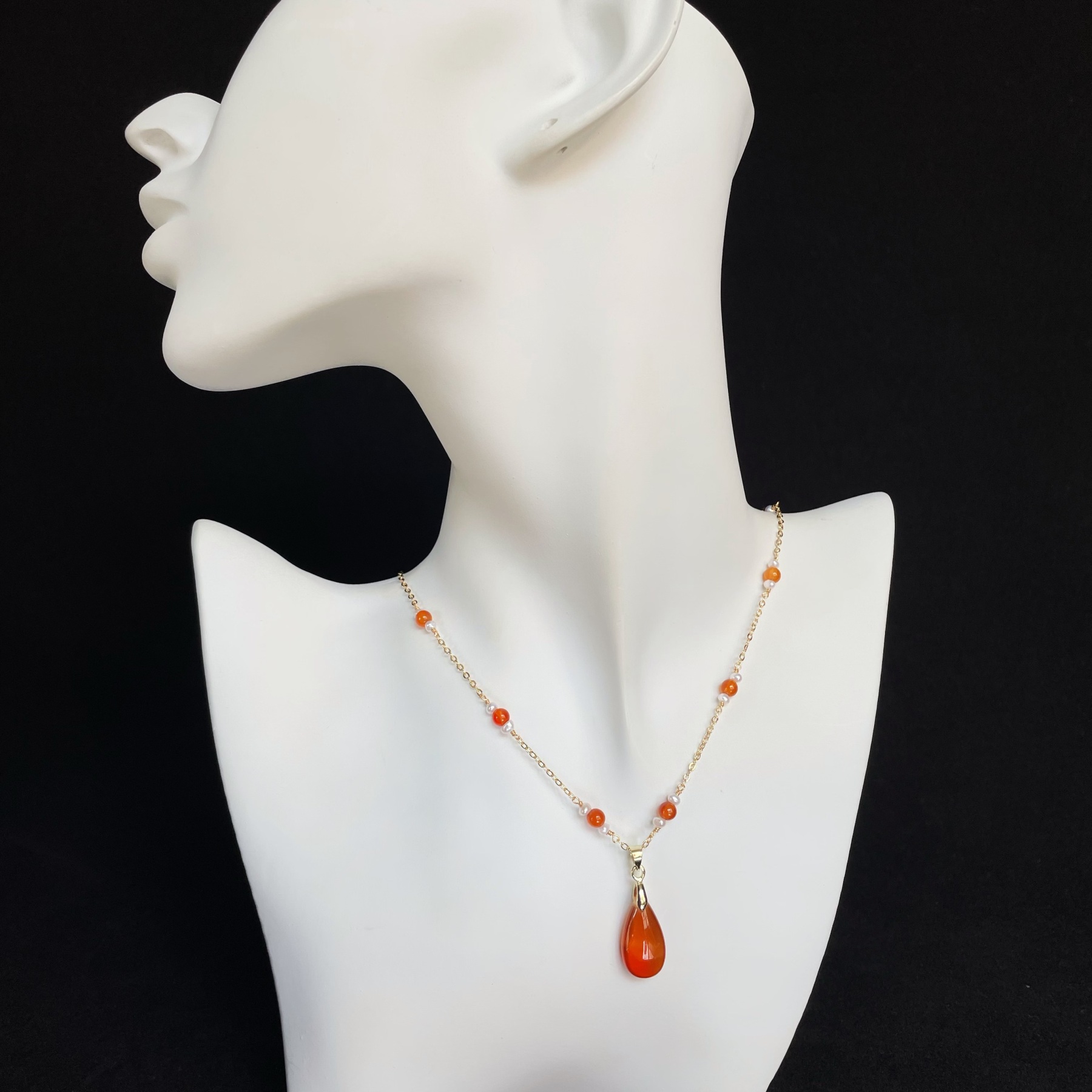 Handmade Dainty Freshwater Pearl and Carnelian Satellite Chain with Carnelian Drop Pendant Necklace 