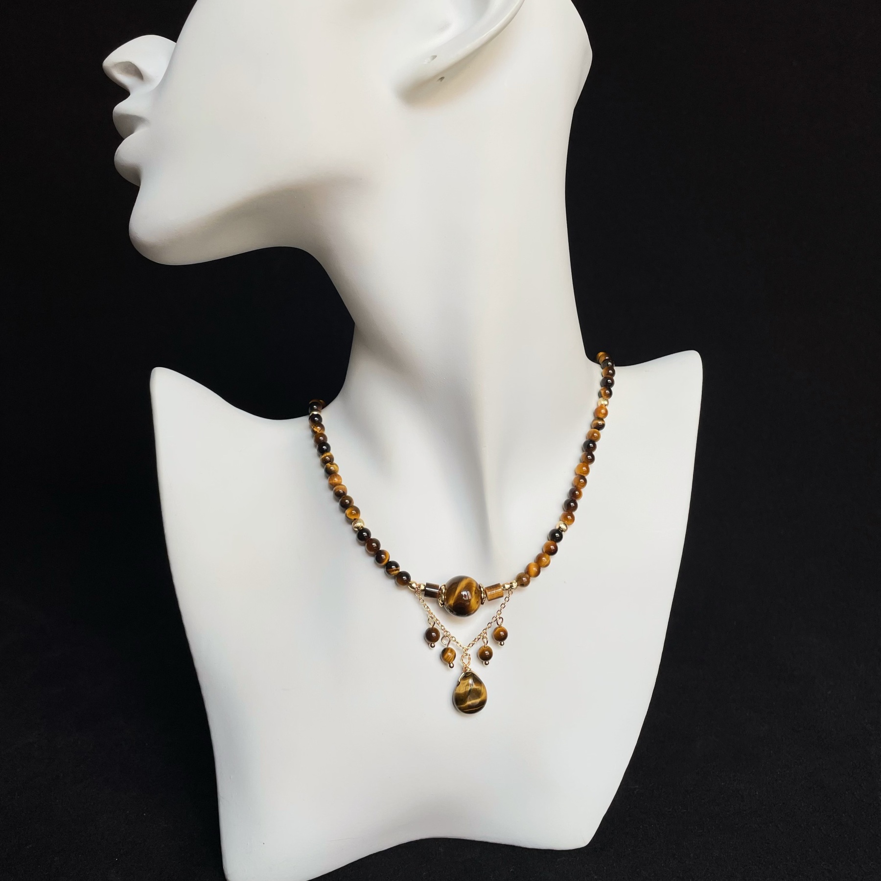 Handmade Tiger Eye Statement Necklace with Layered Pendant Design