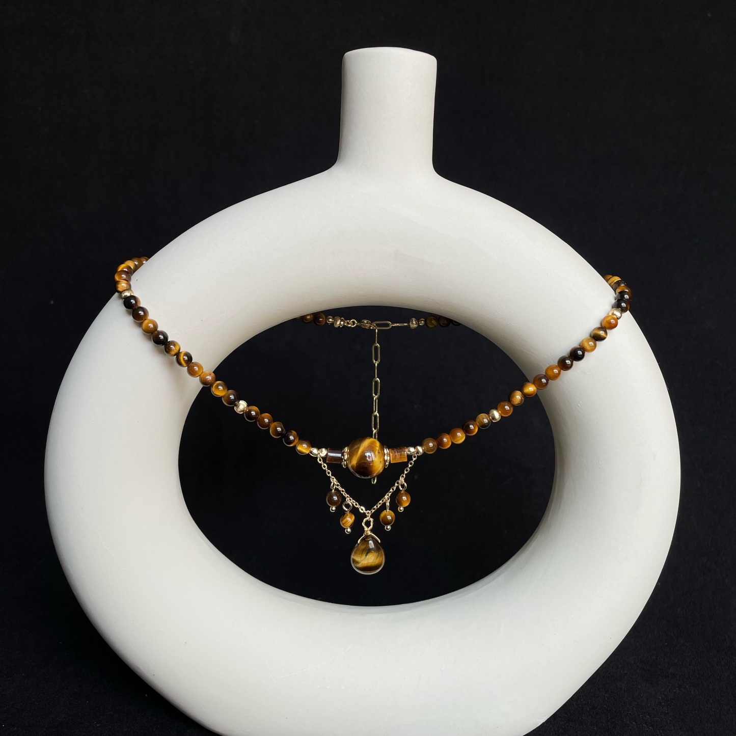 Handmade Tiger Eye Statement Necklace with Layered Pendant Design