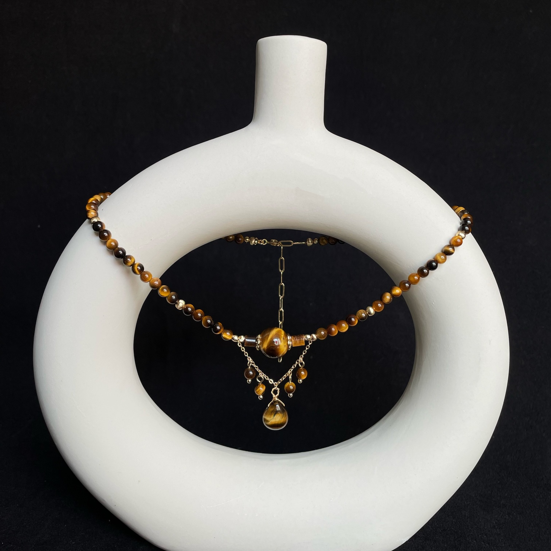 Handmade Tiger Eye Statement Necklace with Layered Pendant Design