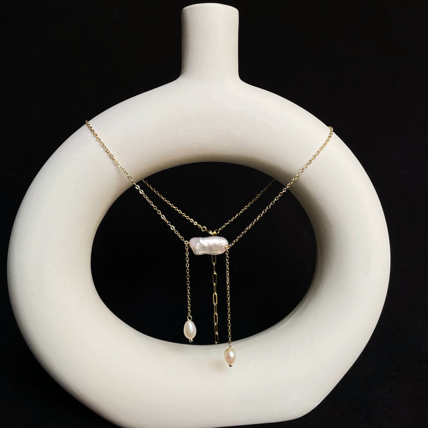 Handmade Asymmetrical Biwa Baroque Pearl with Rice Pearl Dangle Necklace