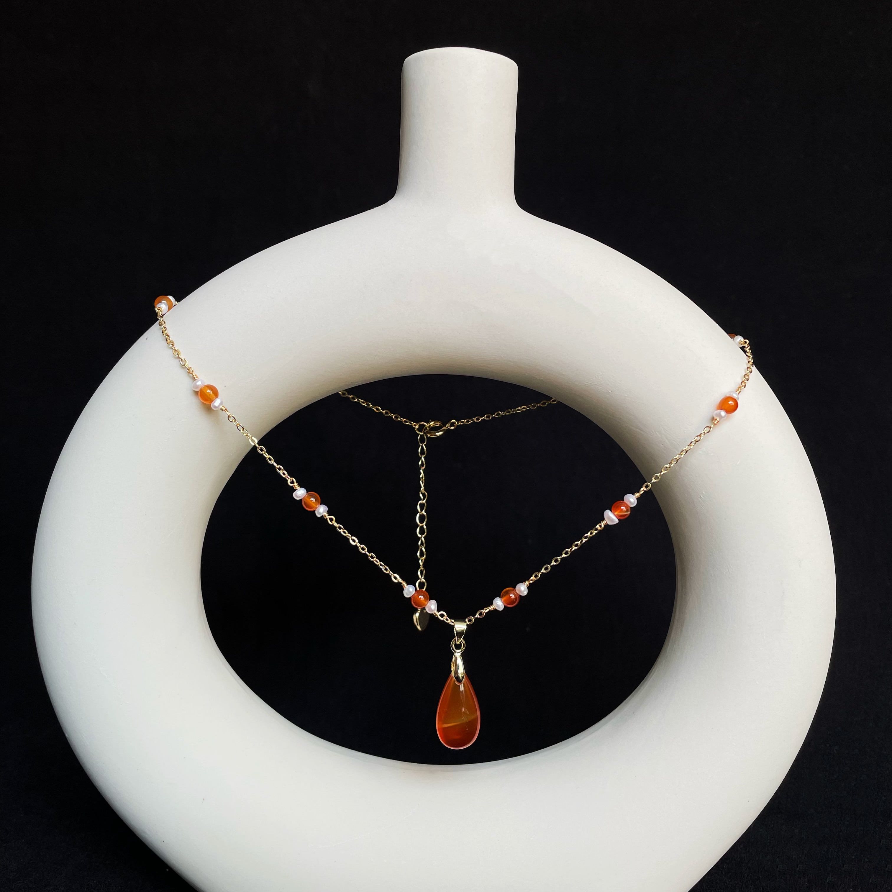 Handmade Dainty Freshwater Pearl and Carnelian Satellite Chain with Carnelian Drop Pendant Necklace 