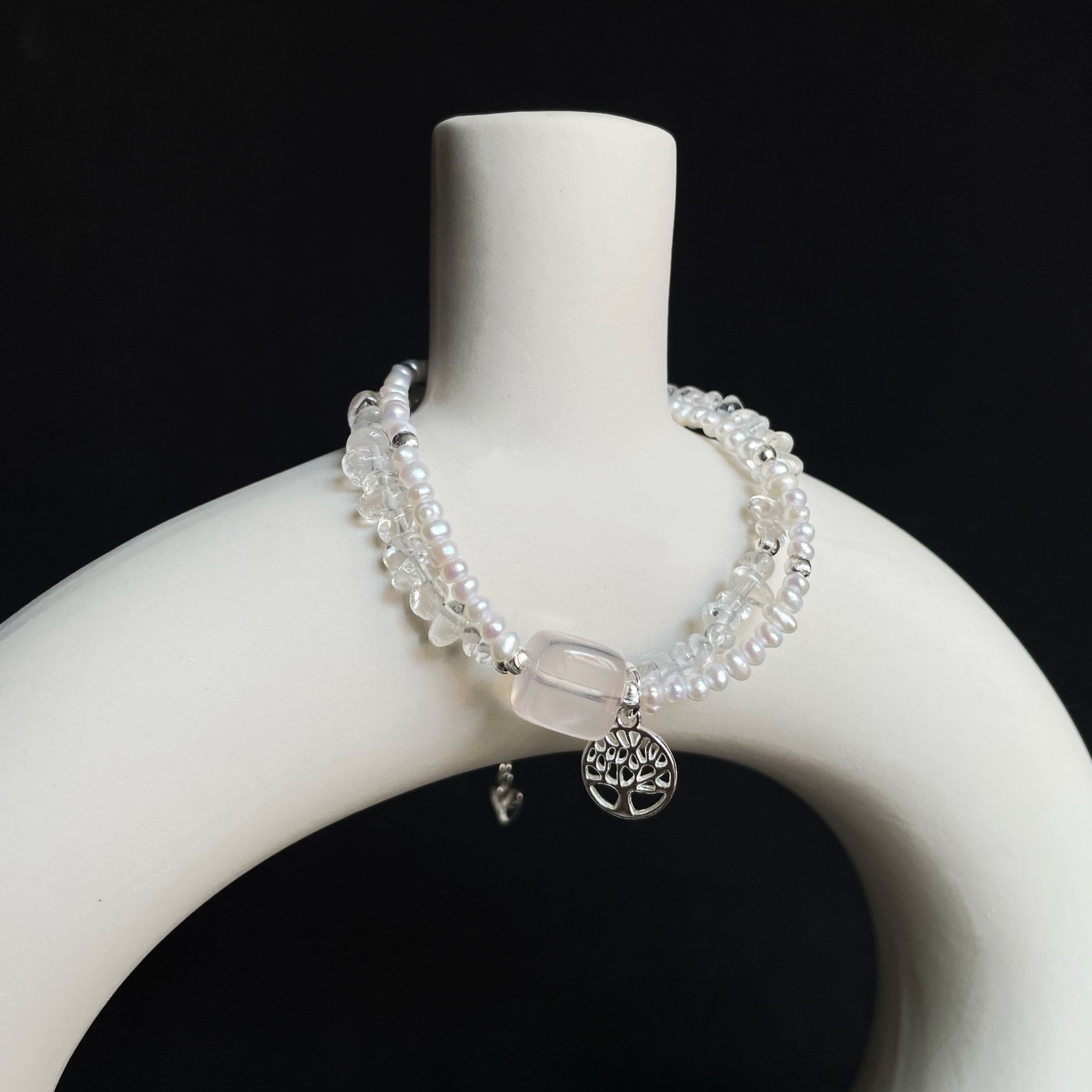 Handmade Clear Quartz and Pearl Double Layer Bracelet with a Rose Quartz Cube Centre and Tree of Life Charm