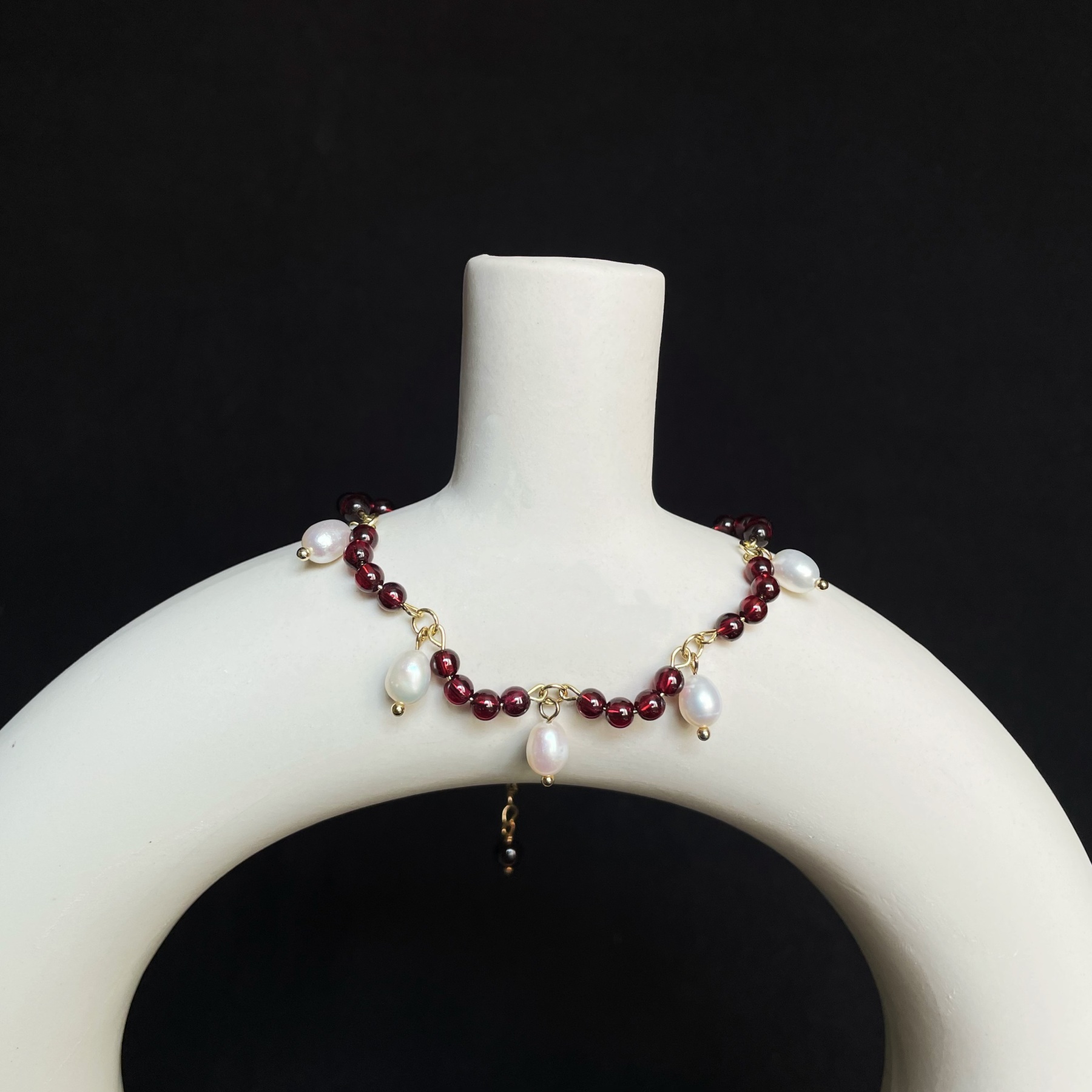 Handmade Deep Red Garnet Freshwater floral with Pearls Charms Bracelet Romantic Vintage Style