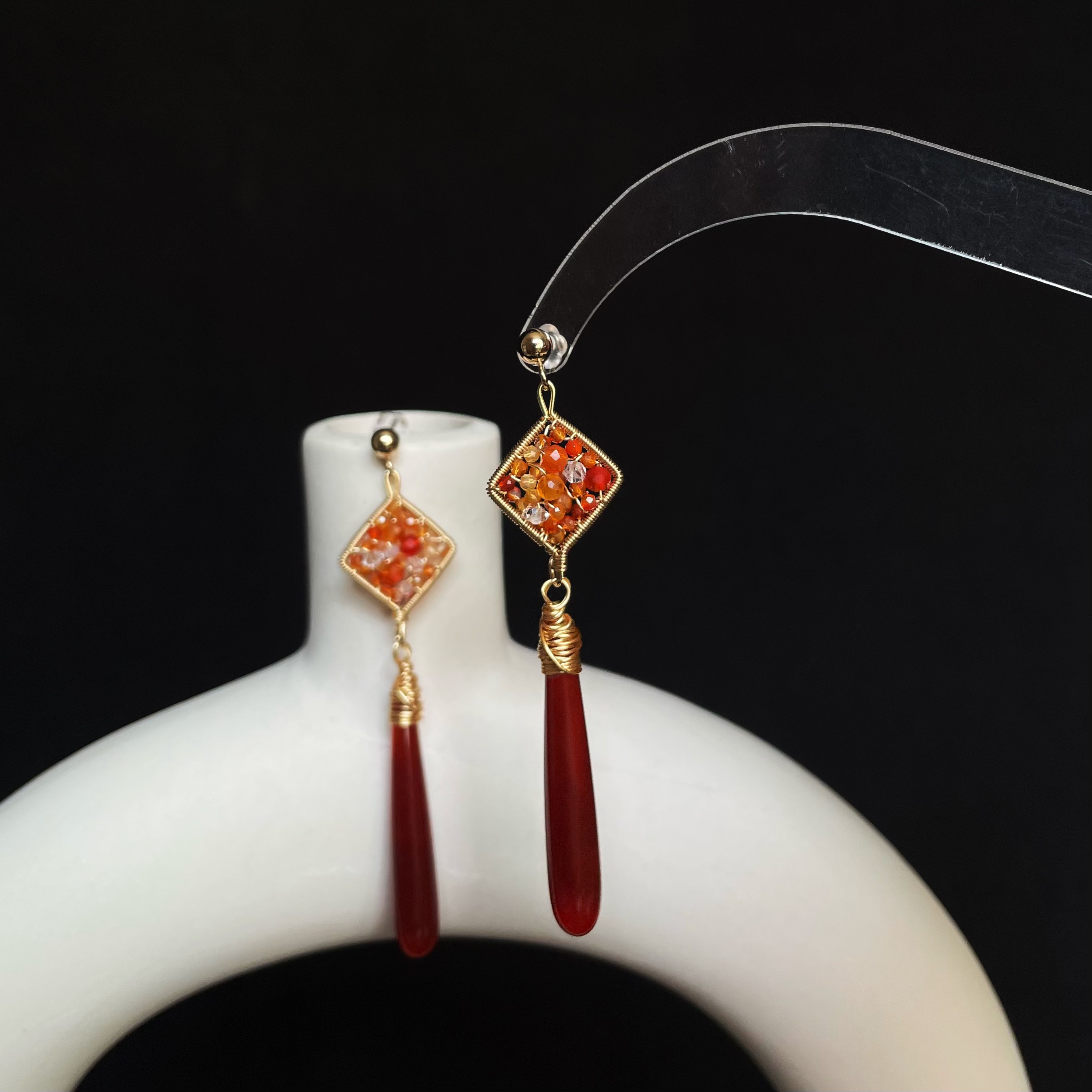 Handmade Wire Wrapped Agate and Herkimer Diamond with Red Agate Drop Earrings 