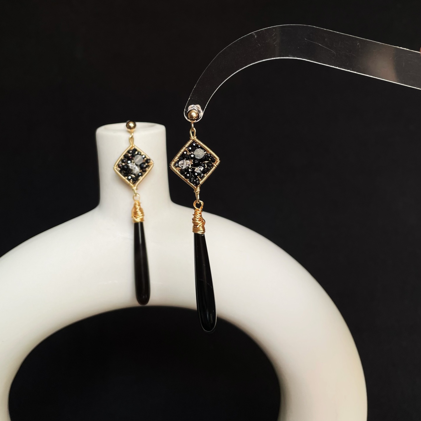 Handmade Wire Wrapped Black Spinel Labradorite and Herkimer Diamond with Black Onyx Drop Earrings 