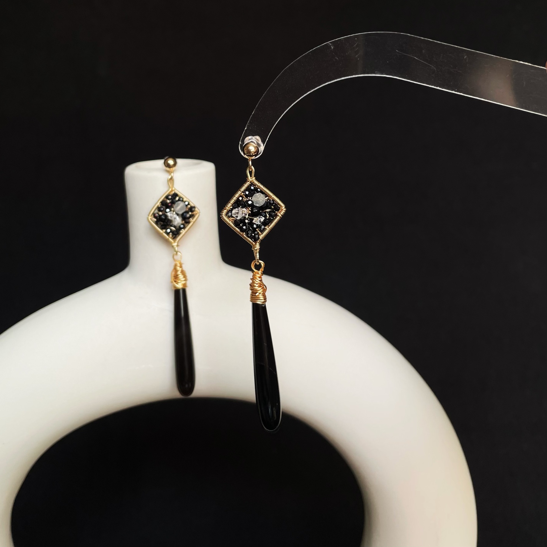 Handmade Wire Wrapped Black Spinel Labradorite and Herkimer Diamond with Black Onyx Drop Earrings 