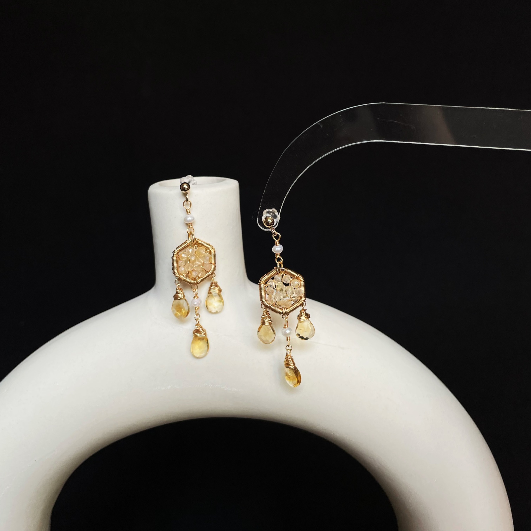 Handmade wire wrapped Citrine Dreamcatcher Earrings with Teardrop Gem Dangles