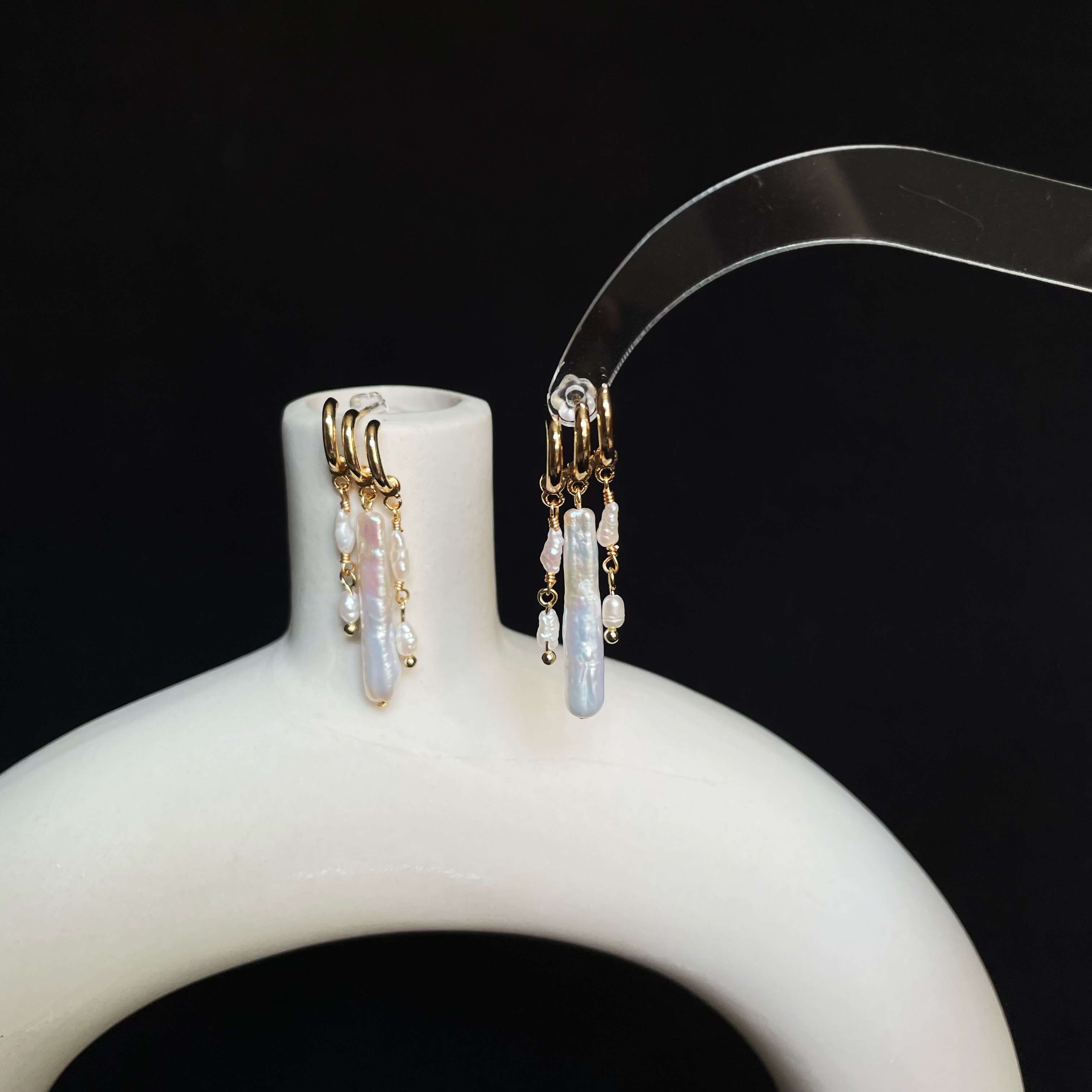 Handmade Gold Huggie Hoops with Baroque Pearls and Keshi Pearls Drop Earrings 