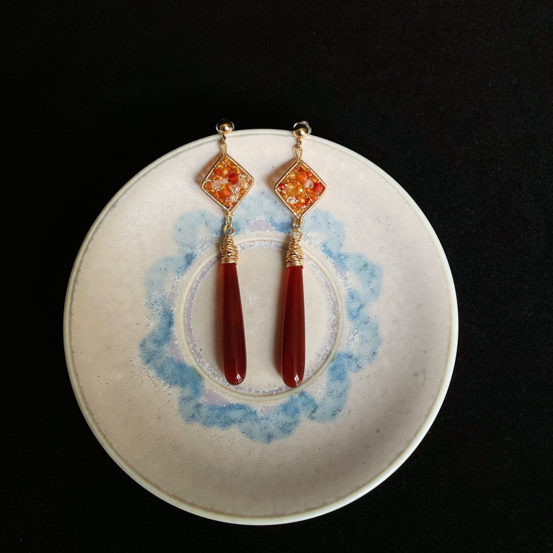 Handmade Wire Wrapped Agate and Herkimer Diamond with Red Agate Drop Earrings 