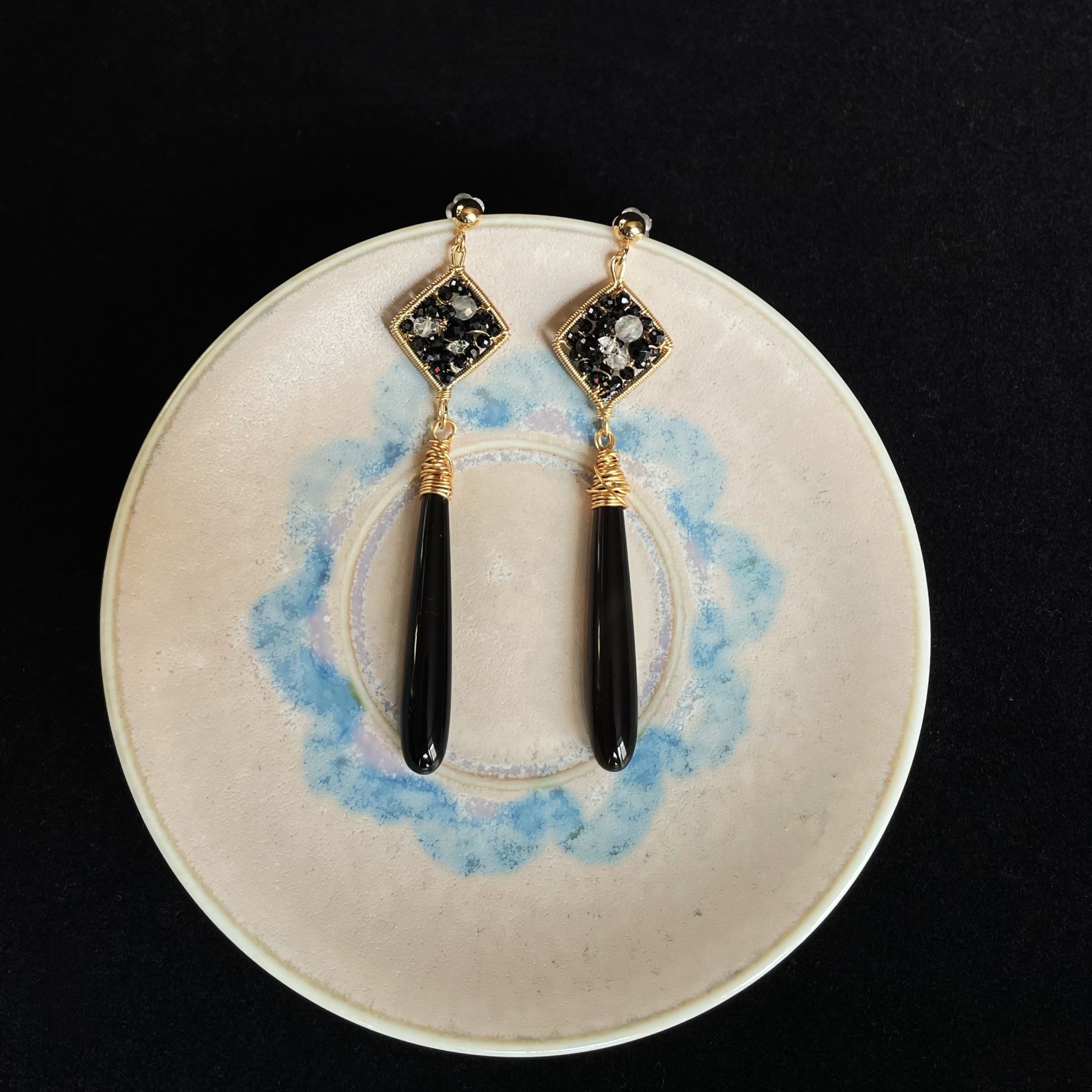 Handmade Wire Wrapped Black Spinel Labradorite and Herkimer Diamond with Black Onyx Drop Earrings 