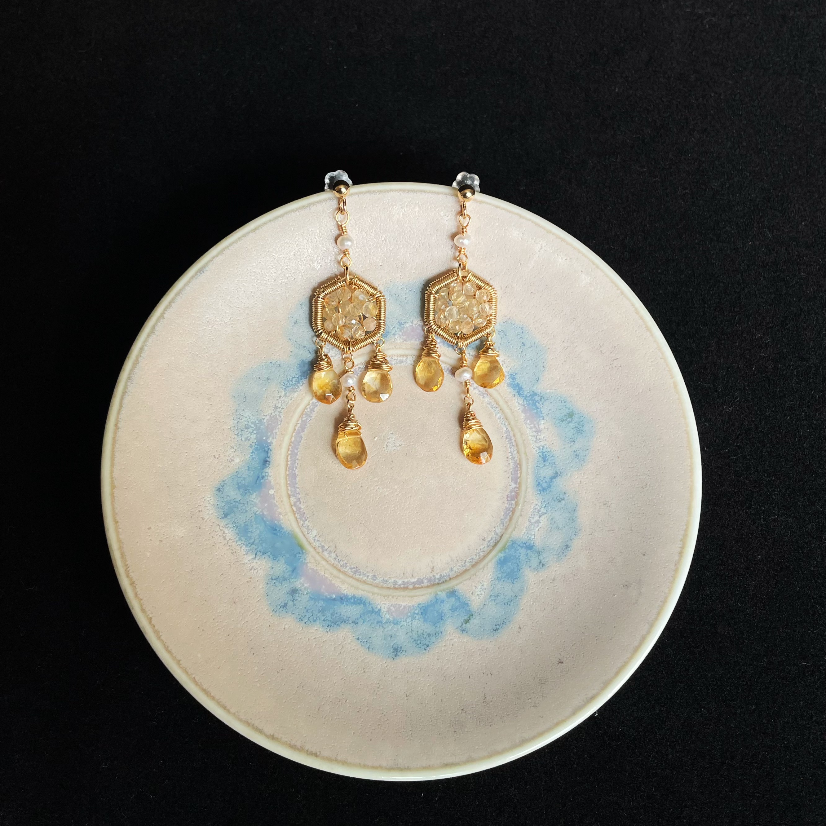 Handmade wire wrapped Citrine Dreamcatcher Earrings with Teardrop Gem Dangles