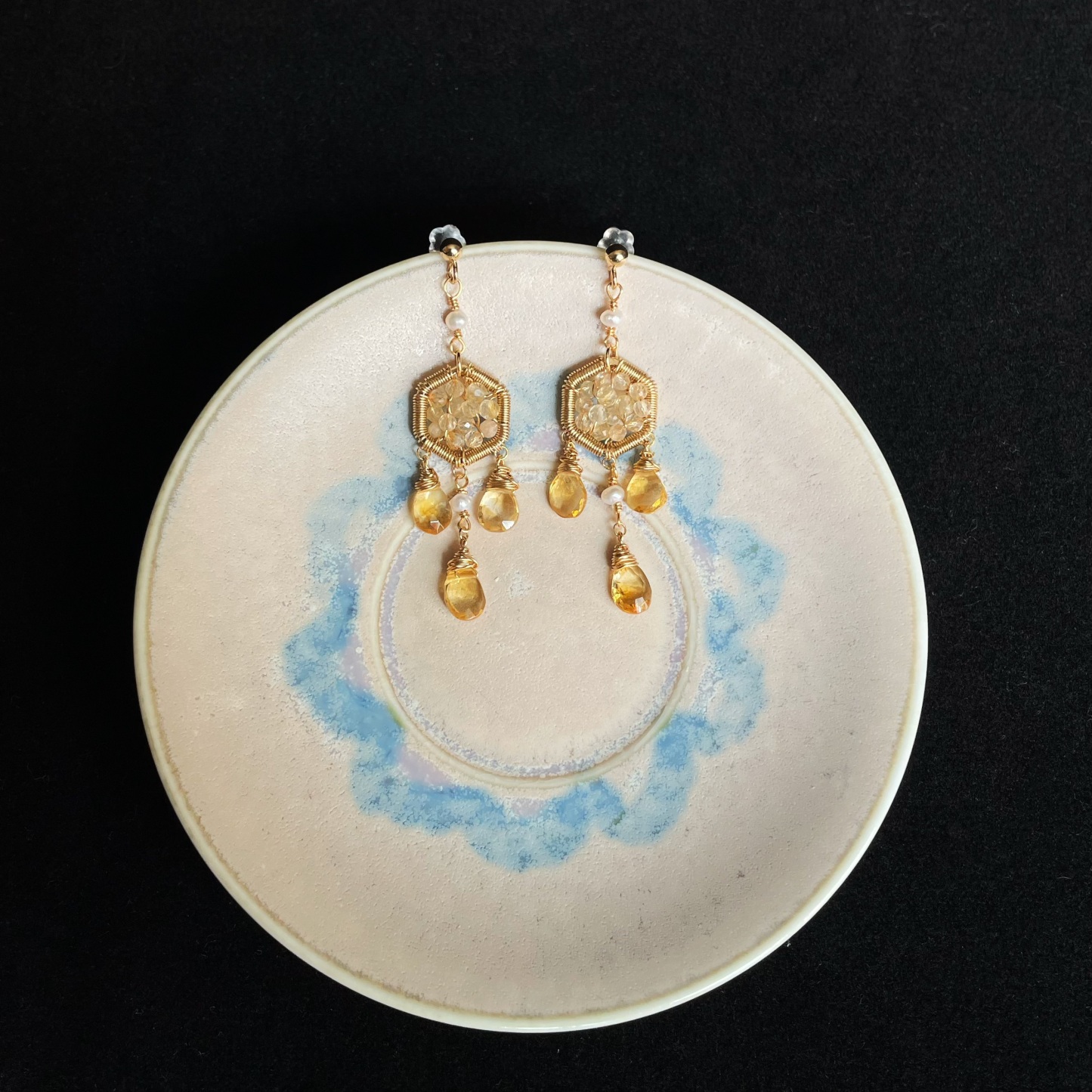 Handmade wire wrapped Citrine Dreamcatcher Earrings with Teardrop Gem Dangles