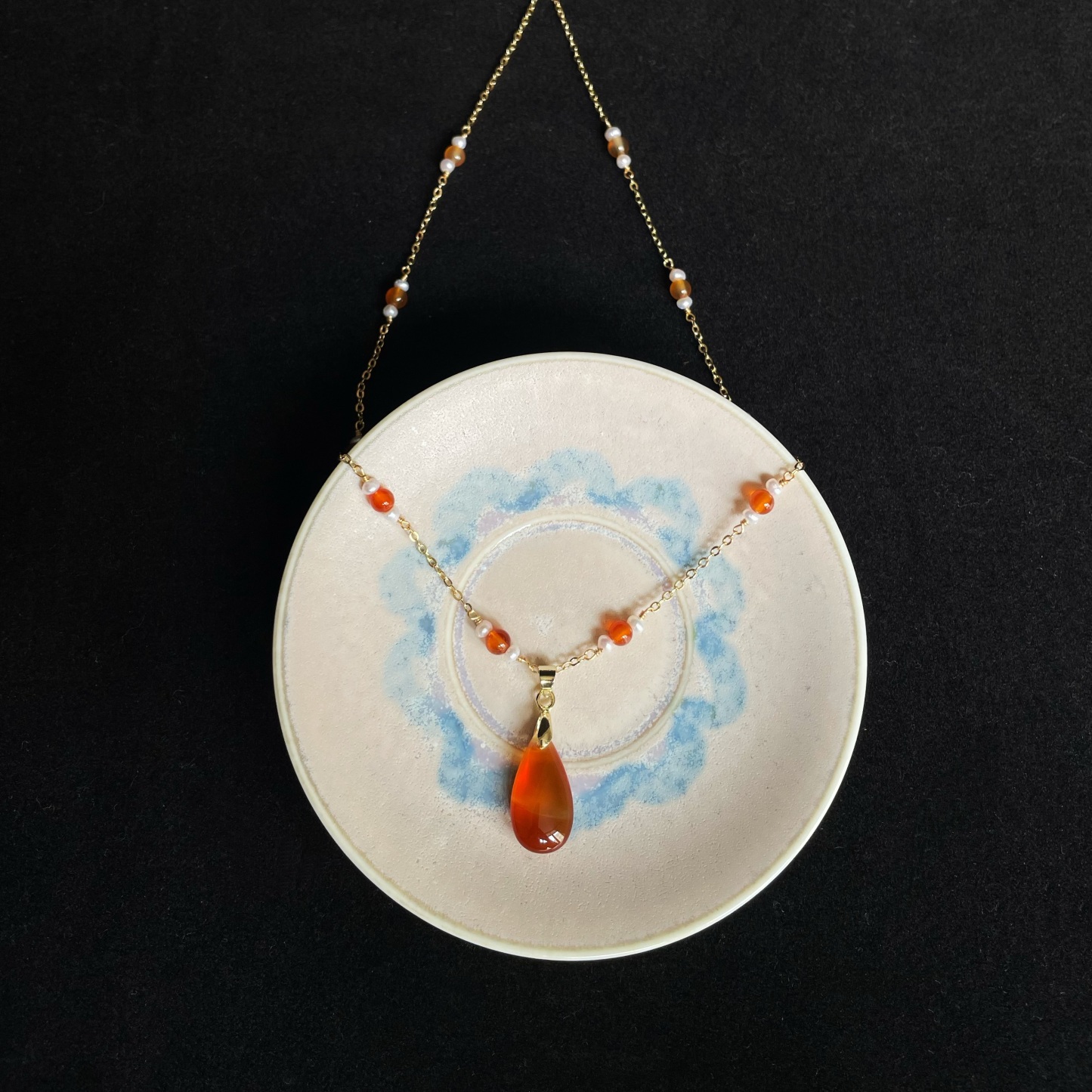Handmade Dainty Freshwater Pearl and Carnelian Satellite Chain with Carnelian Drop Pendant Necklace 