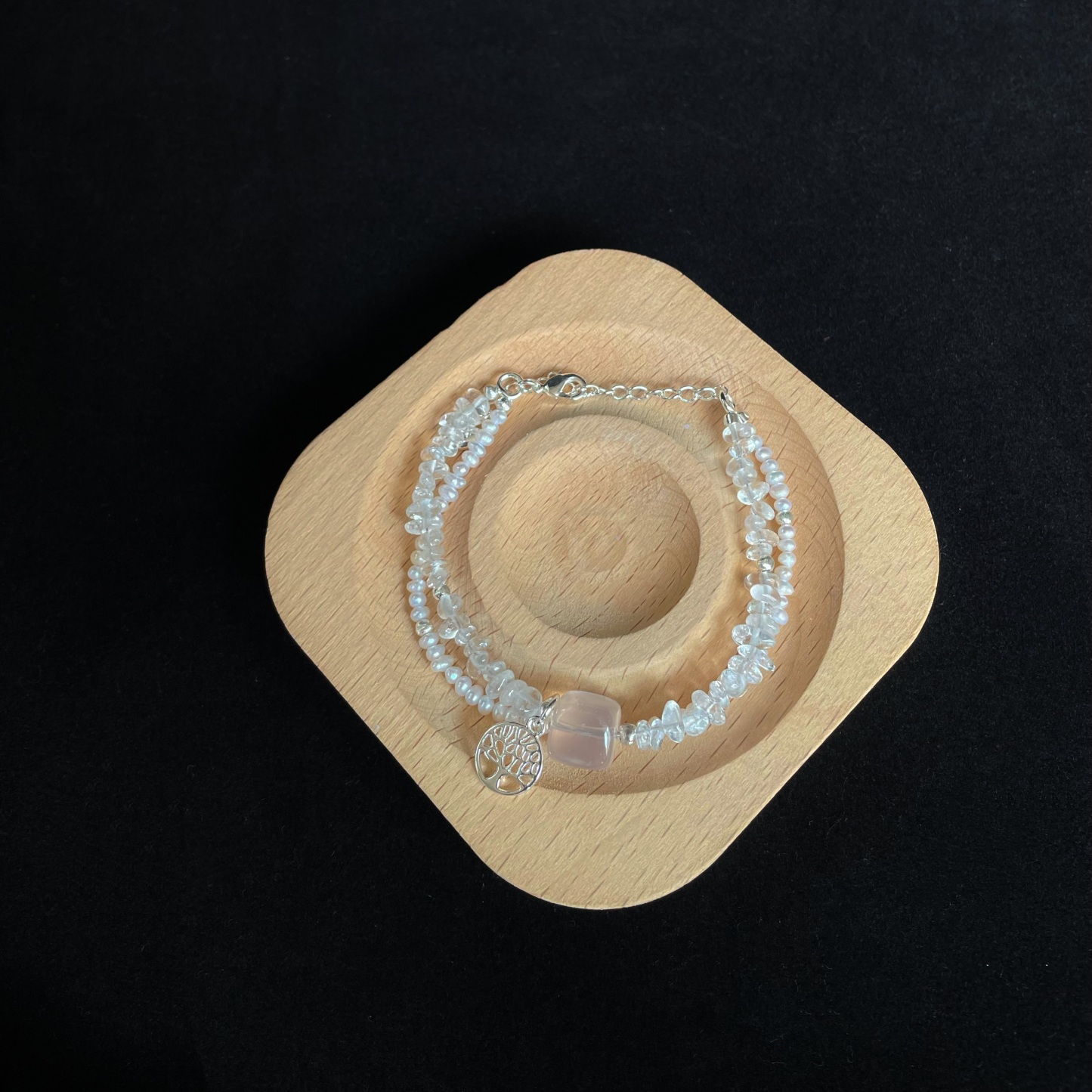 Handmade Clear Quartz and Pearl Double Layer Bracelet with a Rose Quartz Cube Centre and Tree of Life Charm