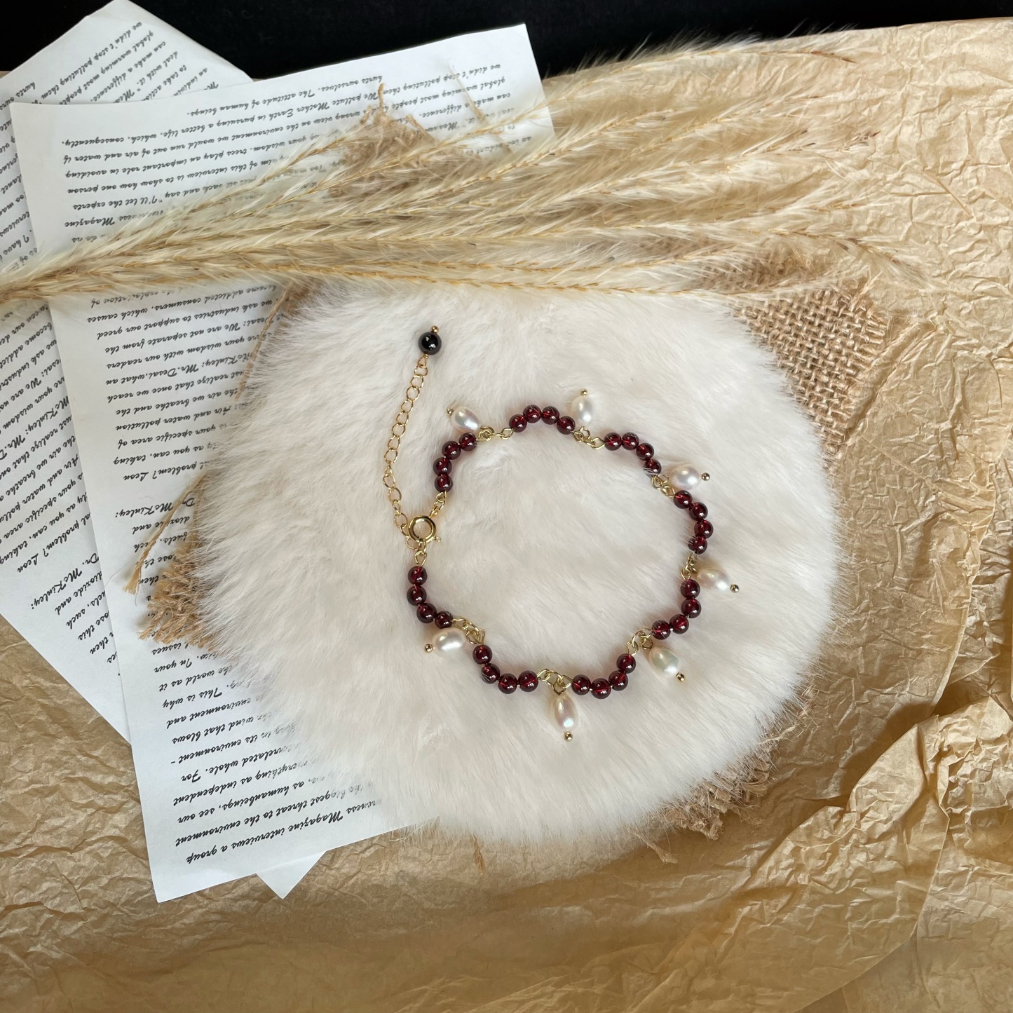 Handmade Deep Red Garnet Freshwater floral with Pearls Charms Bracelet Romantic Vintage Style