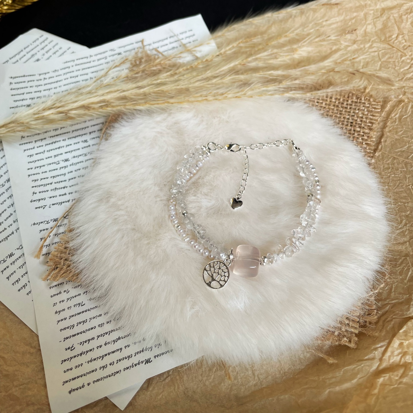 Handmade Clear Quartz and Pearl Double Layer Bracelet with a Rose Quartz Cube Centre and Tree of Life Charm