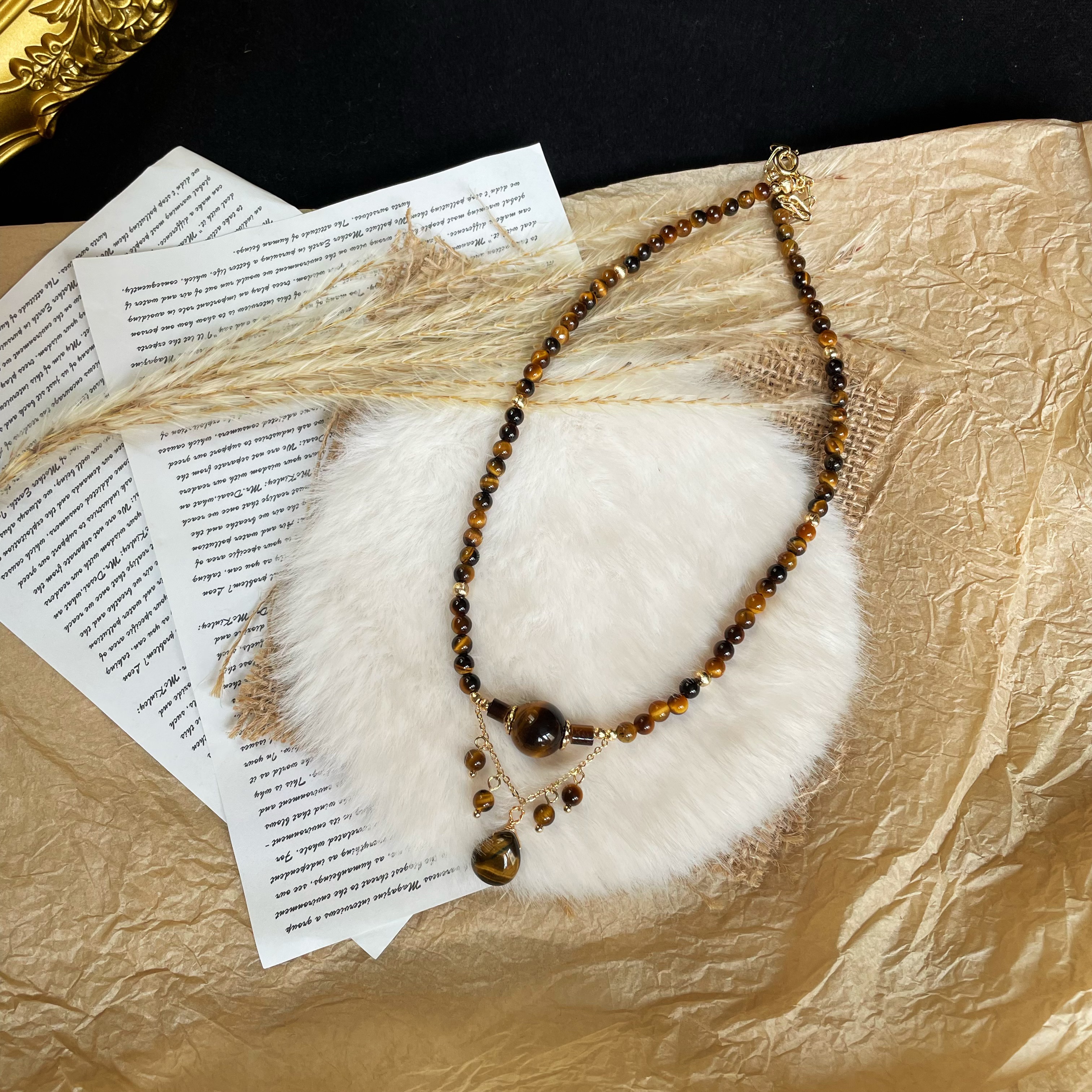Handmade Tiger Eye Statement Necklace with Layered Pendant Design